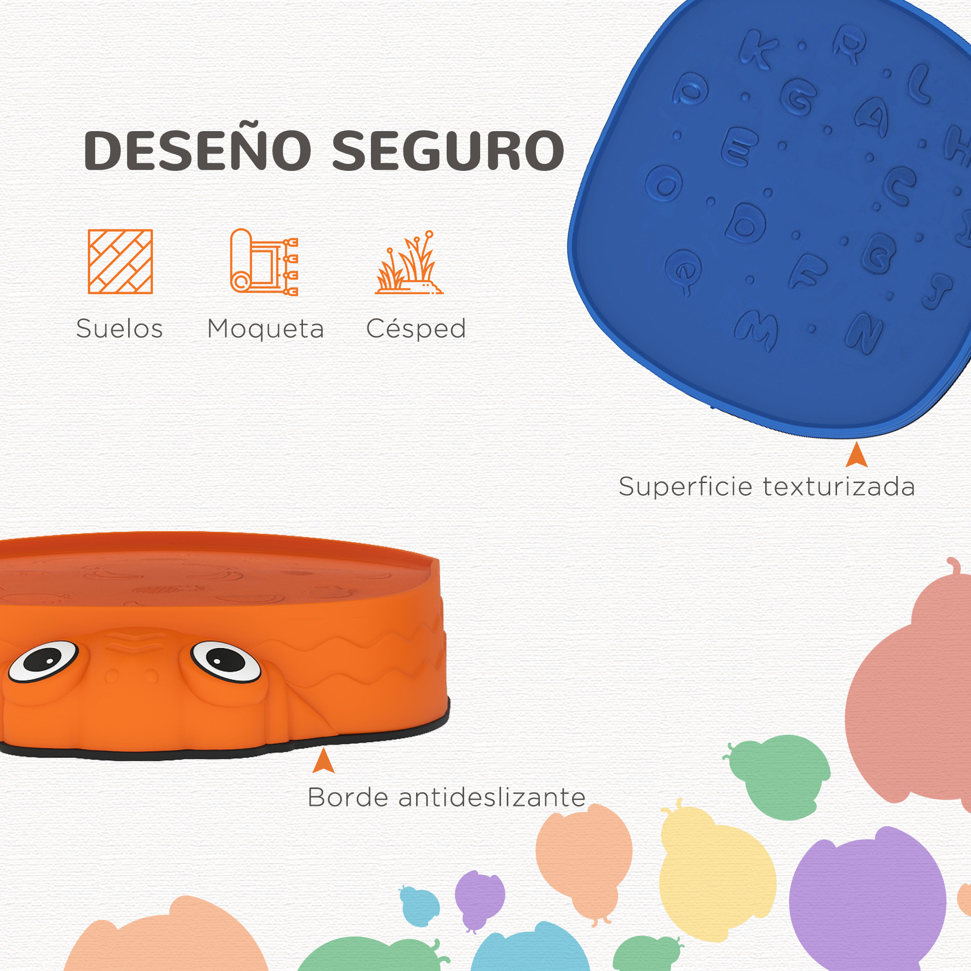 Diseño seguro: Objeto naranja con ojos, plato azul con letras.
