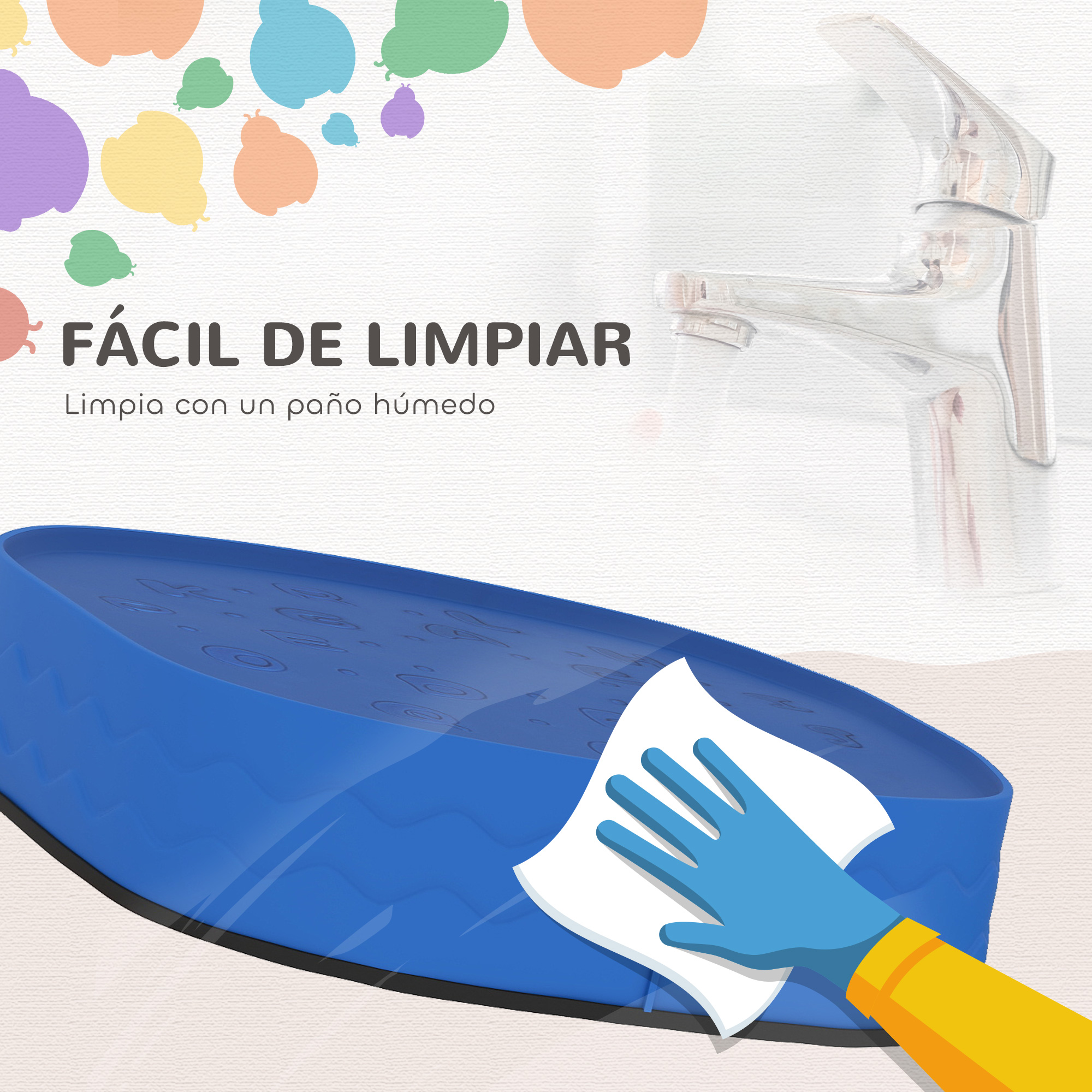 Un recipiente azul se limpia con un paño. Formas coloridas al fondo.