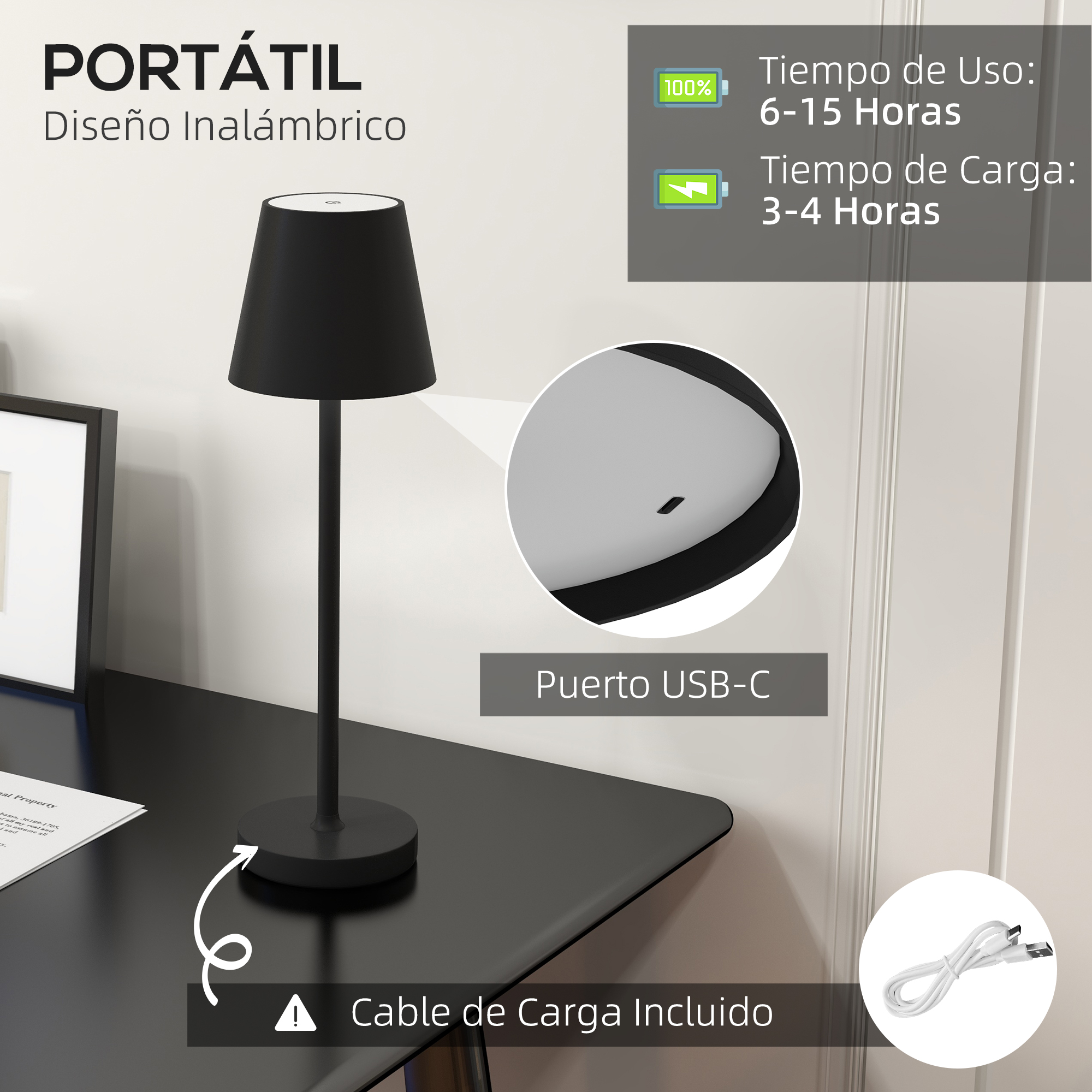 Lámpara portátil negra con puerto USB-C y cable de carga.