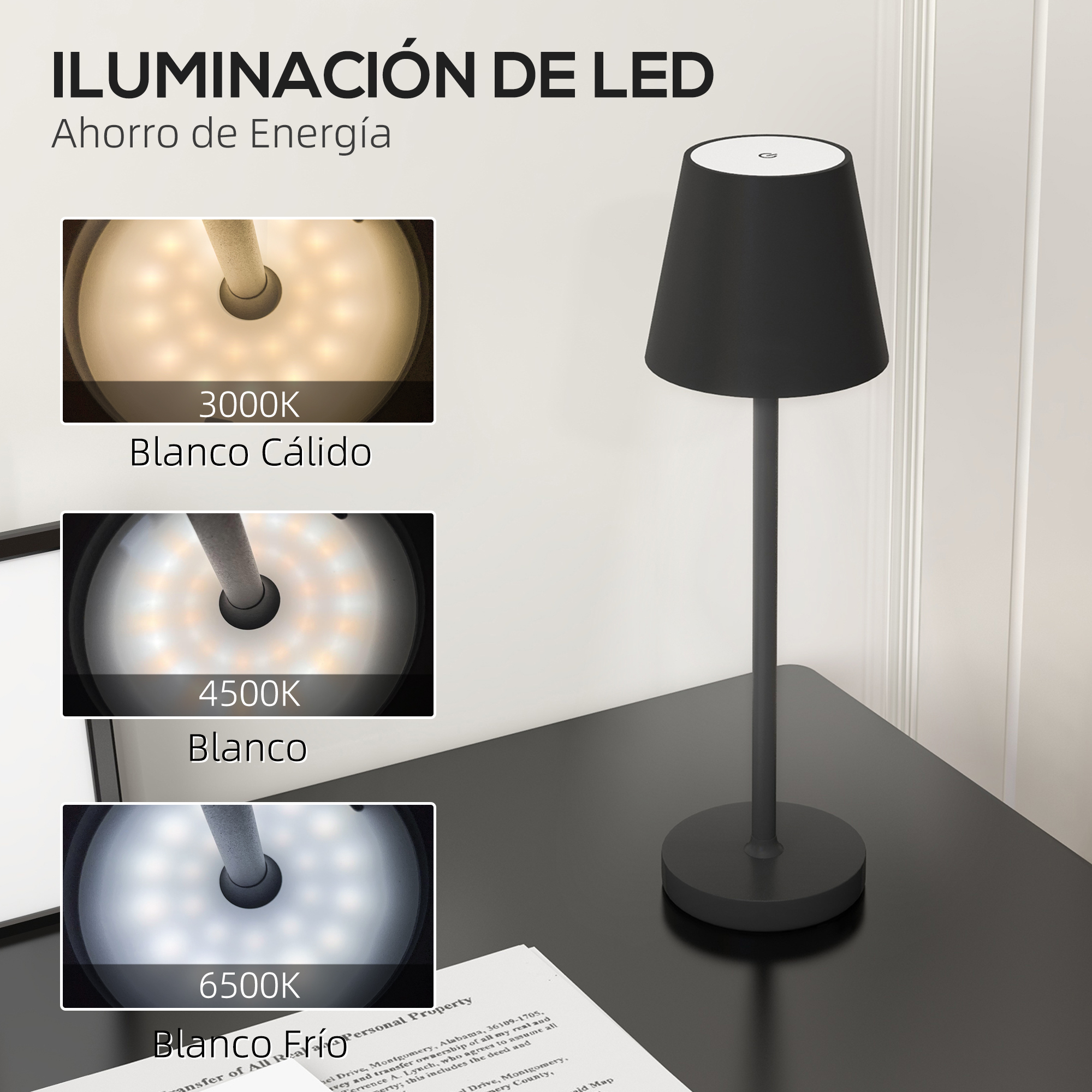 Un prototipo de lámpara de escritorio negra con tres pantallas de temperatura de luz.