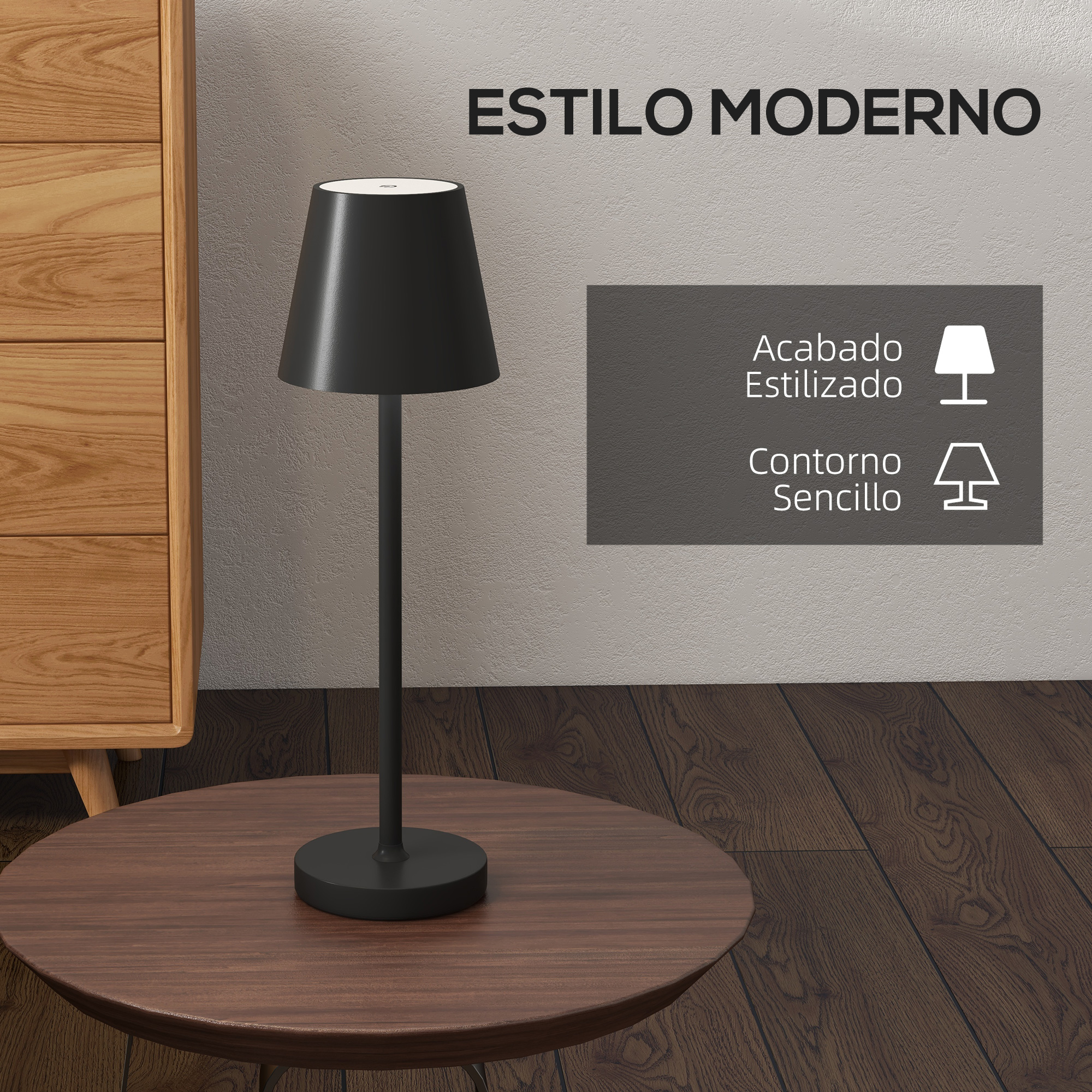 Una lámpara negra está sobre una mesa de madera junto a una cómoda.