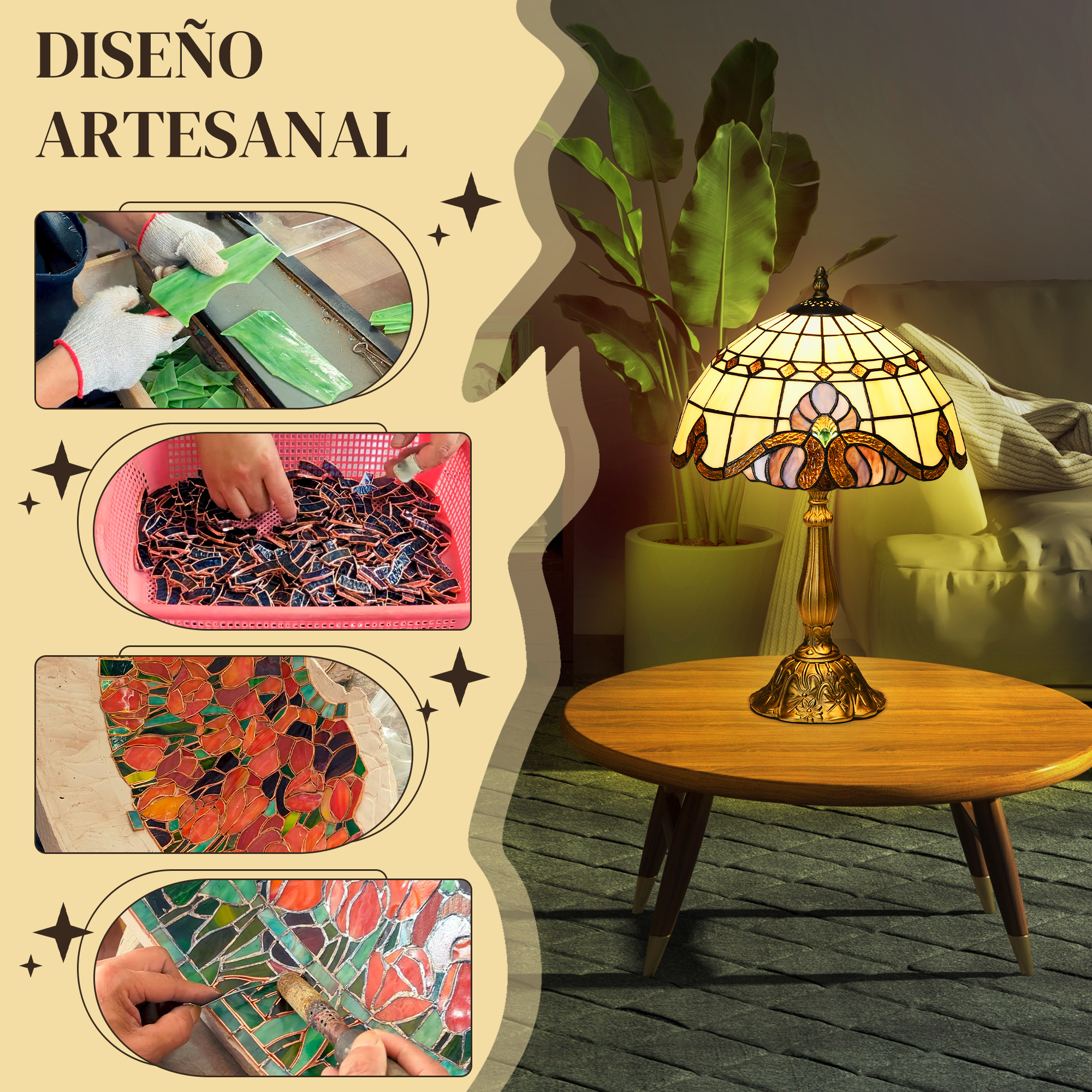 Lámpara Tiffany hecha a mano sobre mesa de madera, con plantas.