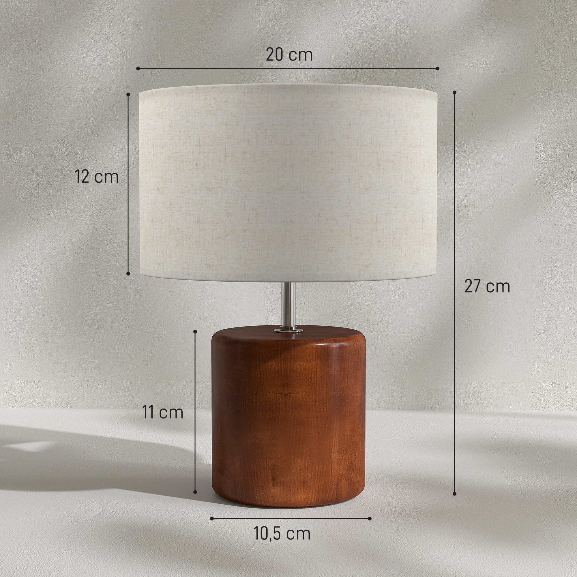 Lámpara de mesa base madera con pantalla tela clara, medidas indicadas.