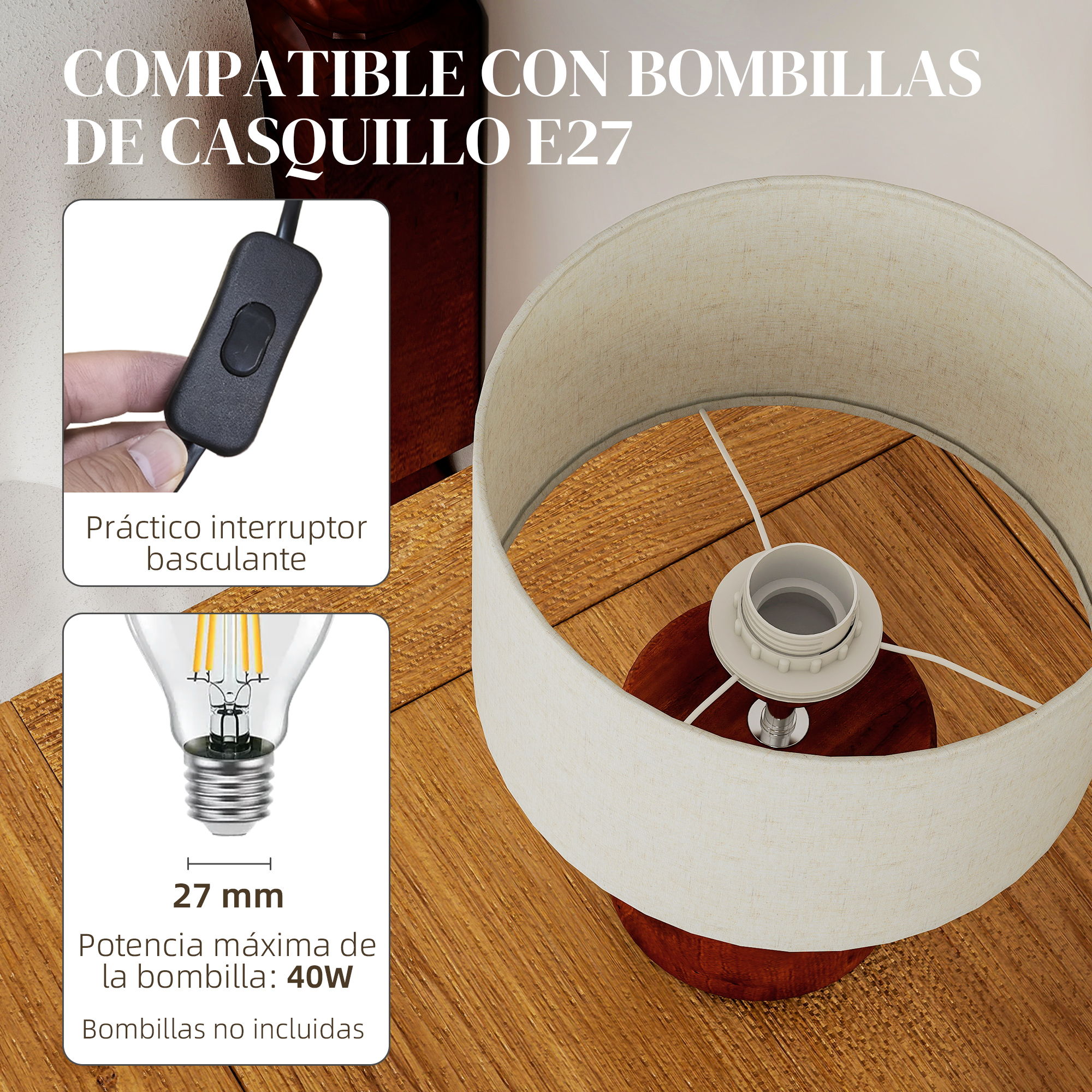 Lámpara con casquillo E27, interruptor basculante e info de bombilla 40W.