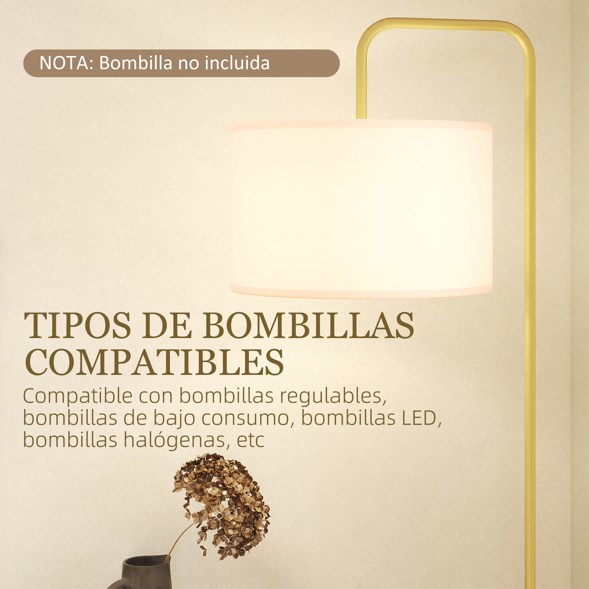 Una pantalla cuelga de una estructura dorada. Nota: Bombilla no incluida.