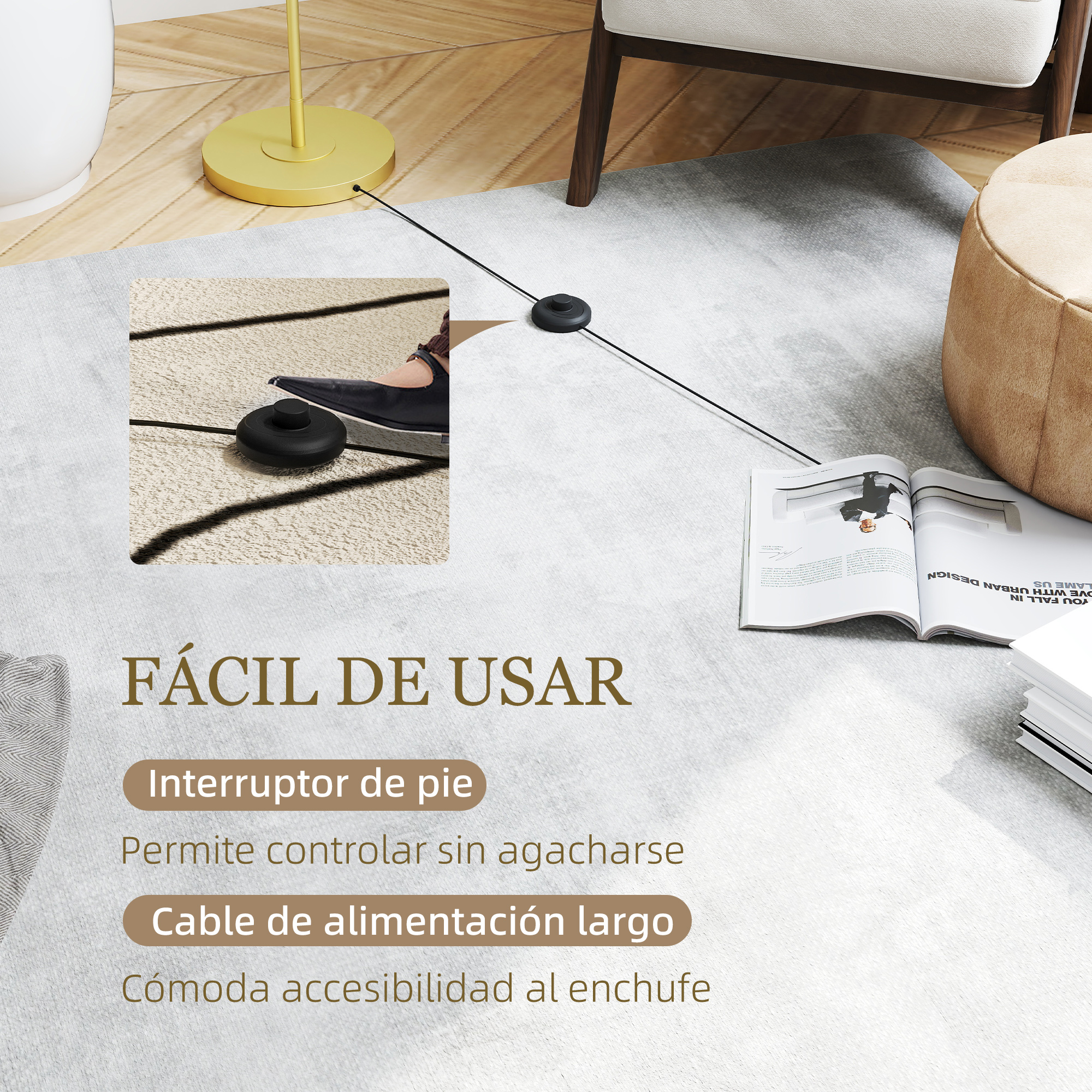 Interruptor de pie fácil de usar con cable largo para acceso cómodo.
