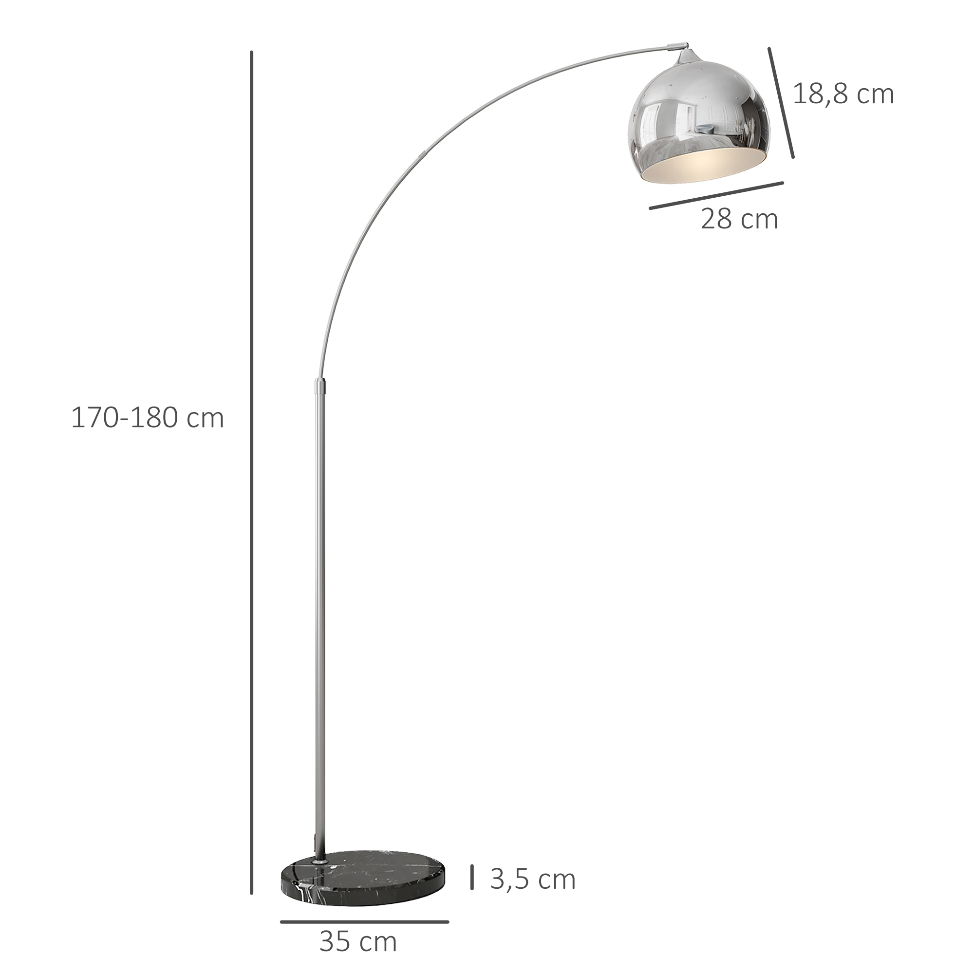 Lámpara de arco moderna con pantalla cromada y base de mármol, altura indicada.