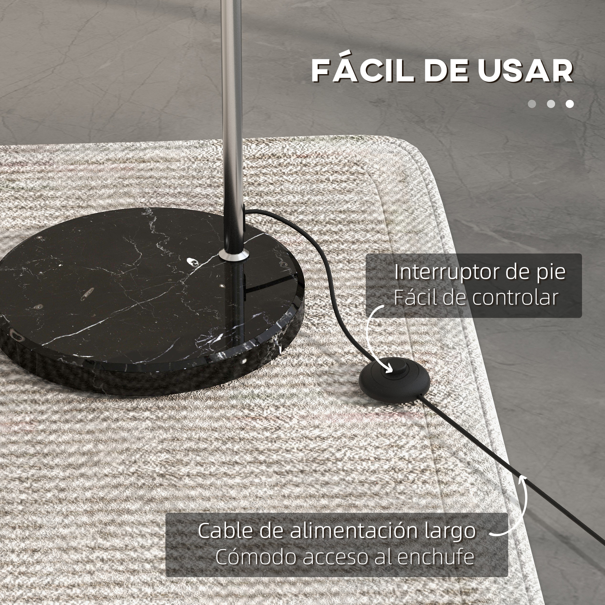 Lámpara de pie con base redonda de mármol, interruptor de pie y cable largo.