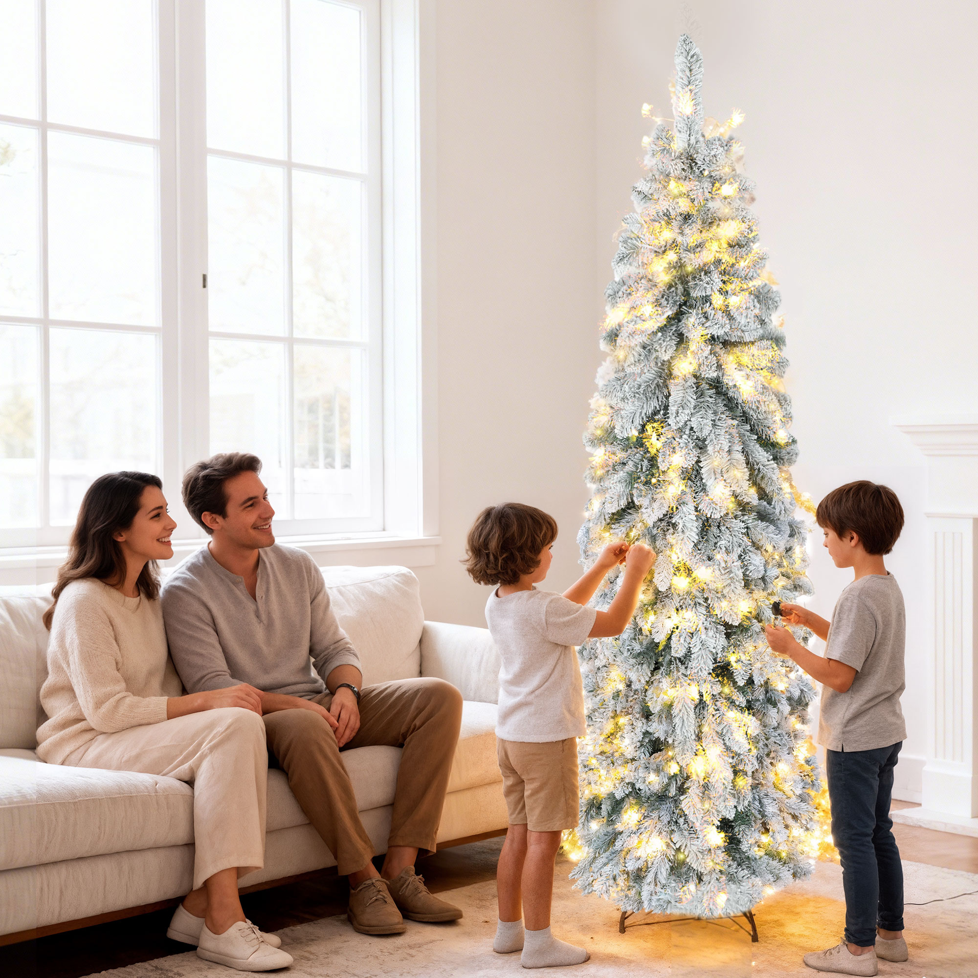 Familia decorando un árbol de Navidad iluminado en una sala.
