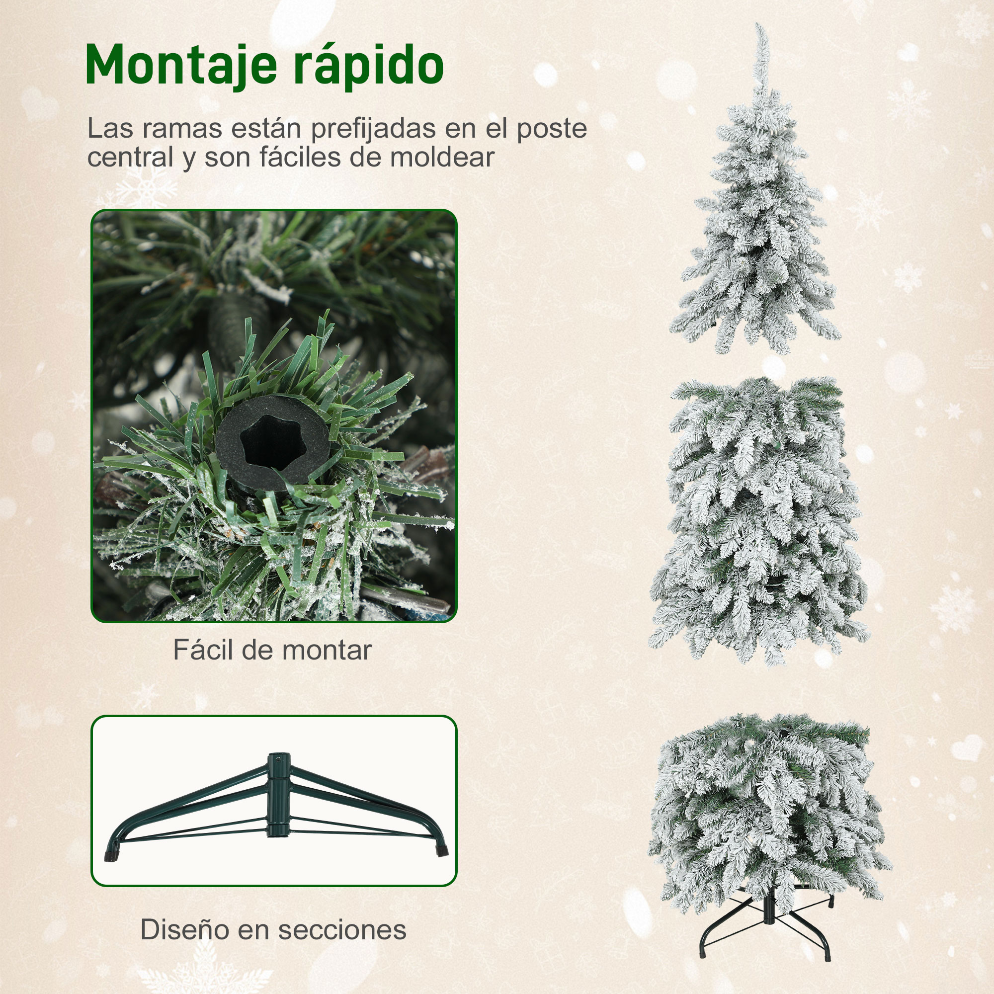 Un árbol de Navidad cubierto de nieve con secciones desmontables y una base verde.