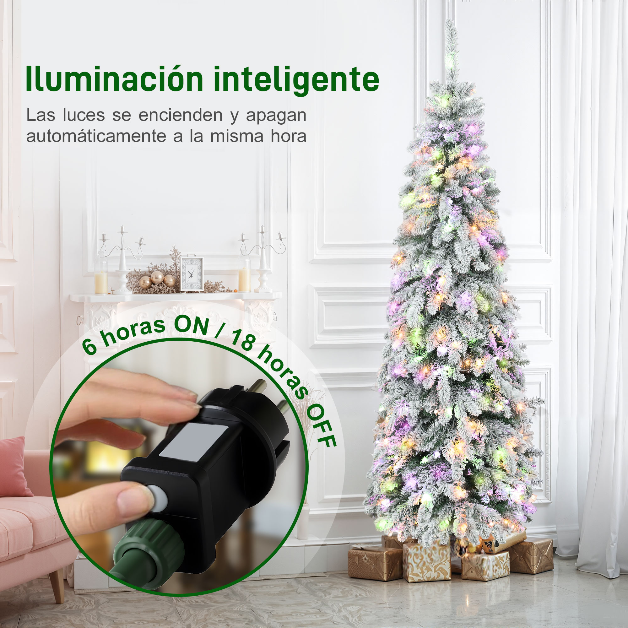 Un árbol de Navidad blanco con luces de colores, se muestra un enchufe con temporizador.