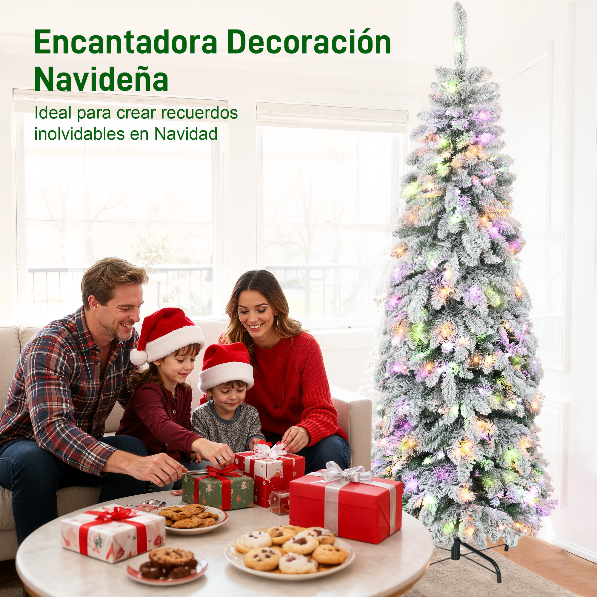 Una familia con niños abre regalos de Navidad junto a un árbol decorado.