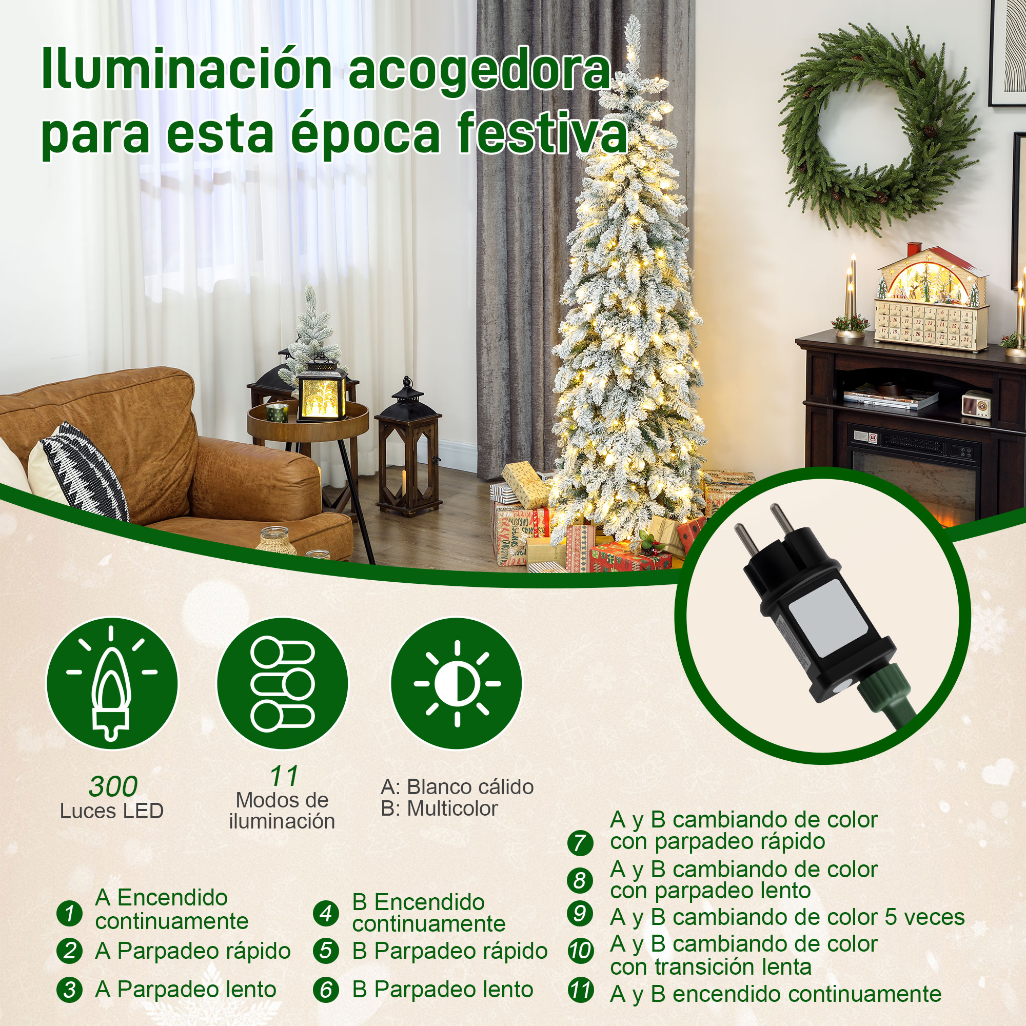 Un árbol de Navidad iluminado con regalos, calendario de Adviento y enchufe.