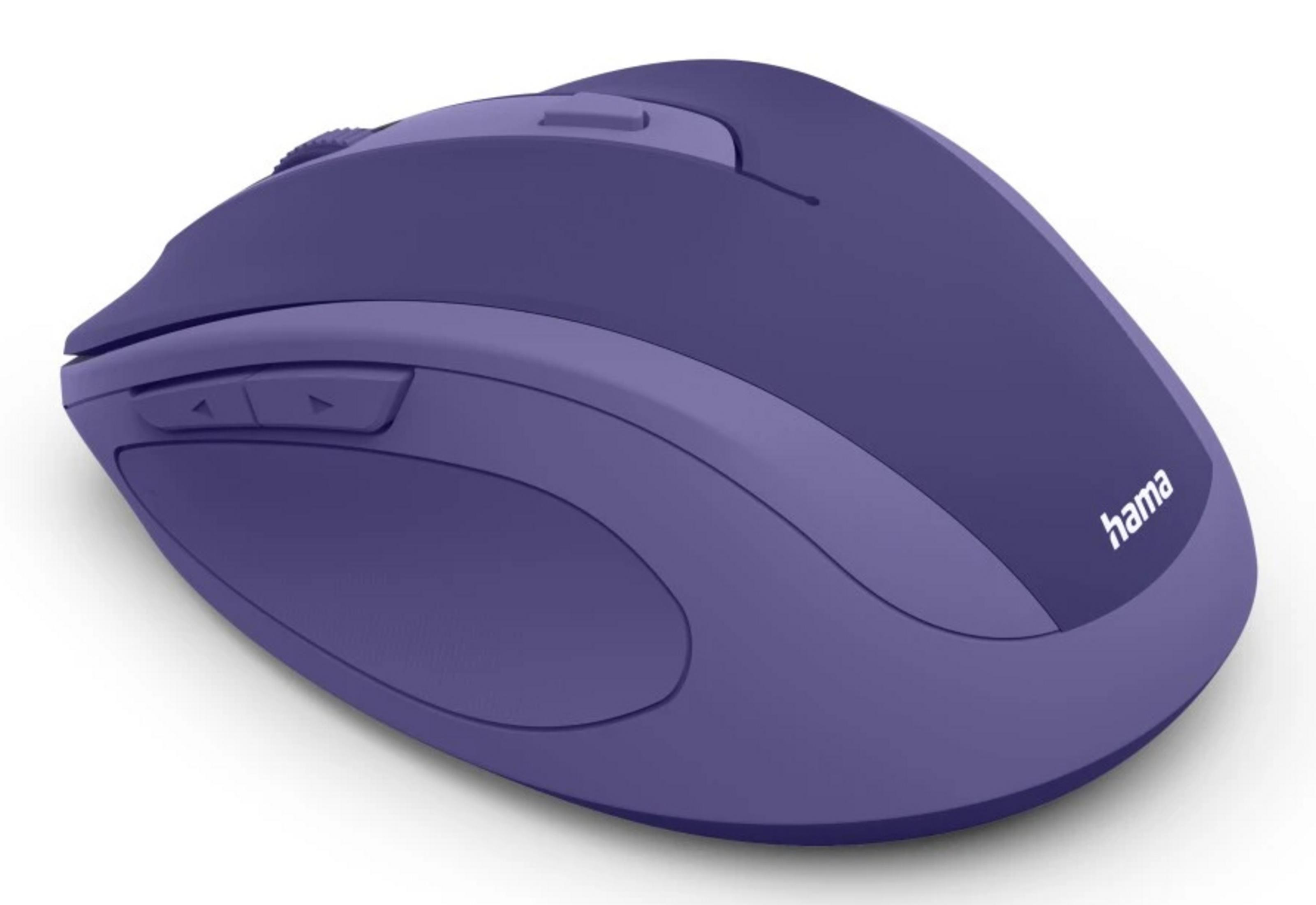 Un mouse per computer viola con rotellina e pulsanti su sfondo bianco.