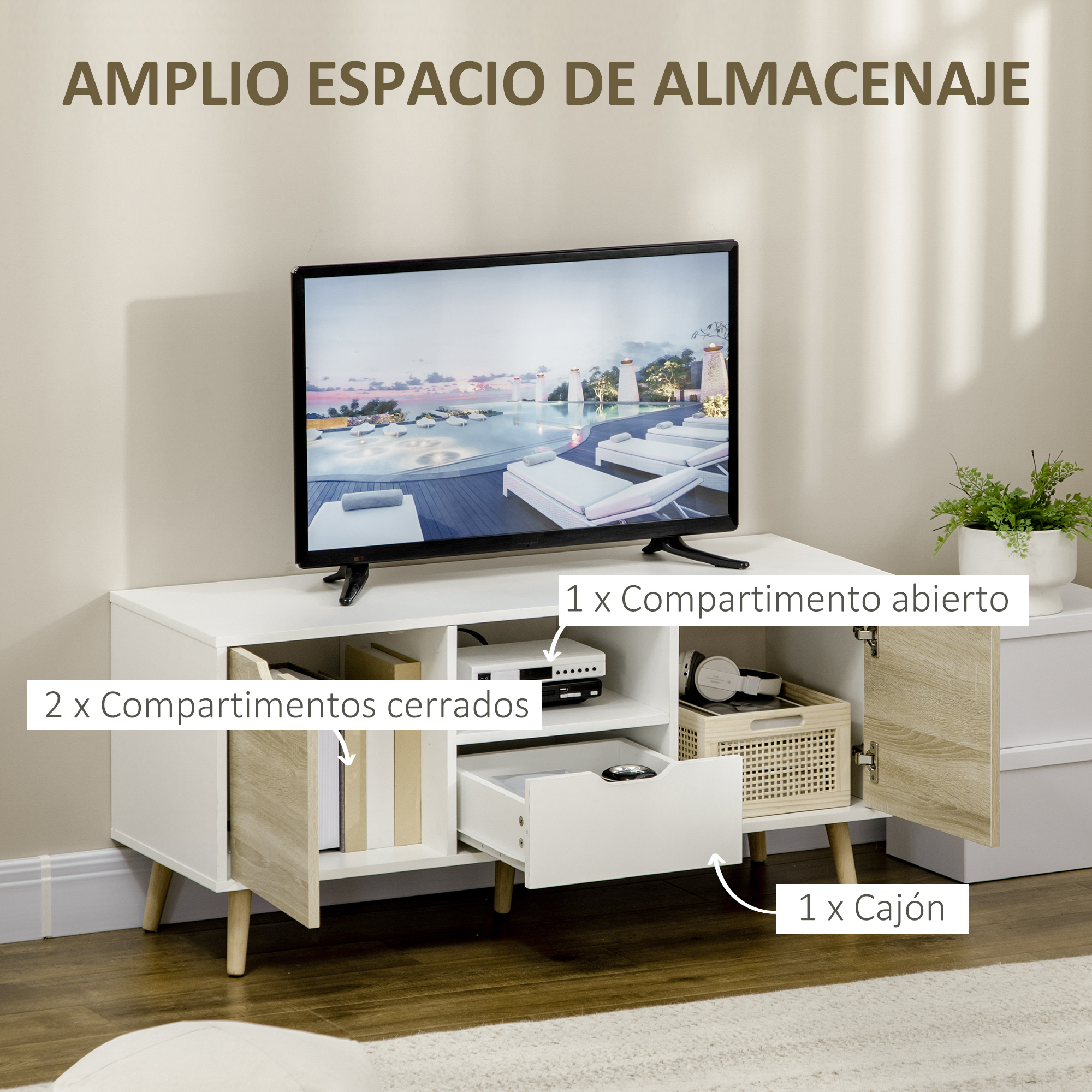 Un mueble de TV con compartimento abierto, 2 cerrados y un cajón.