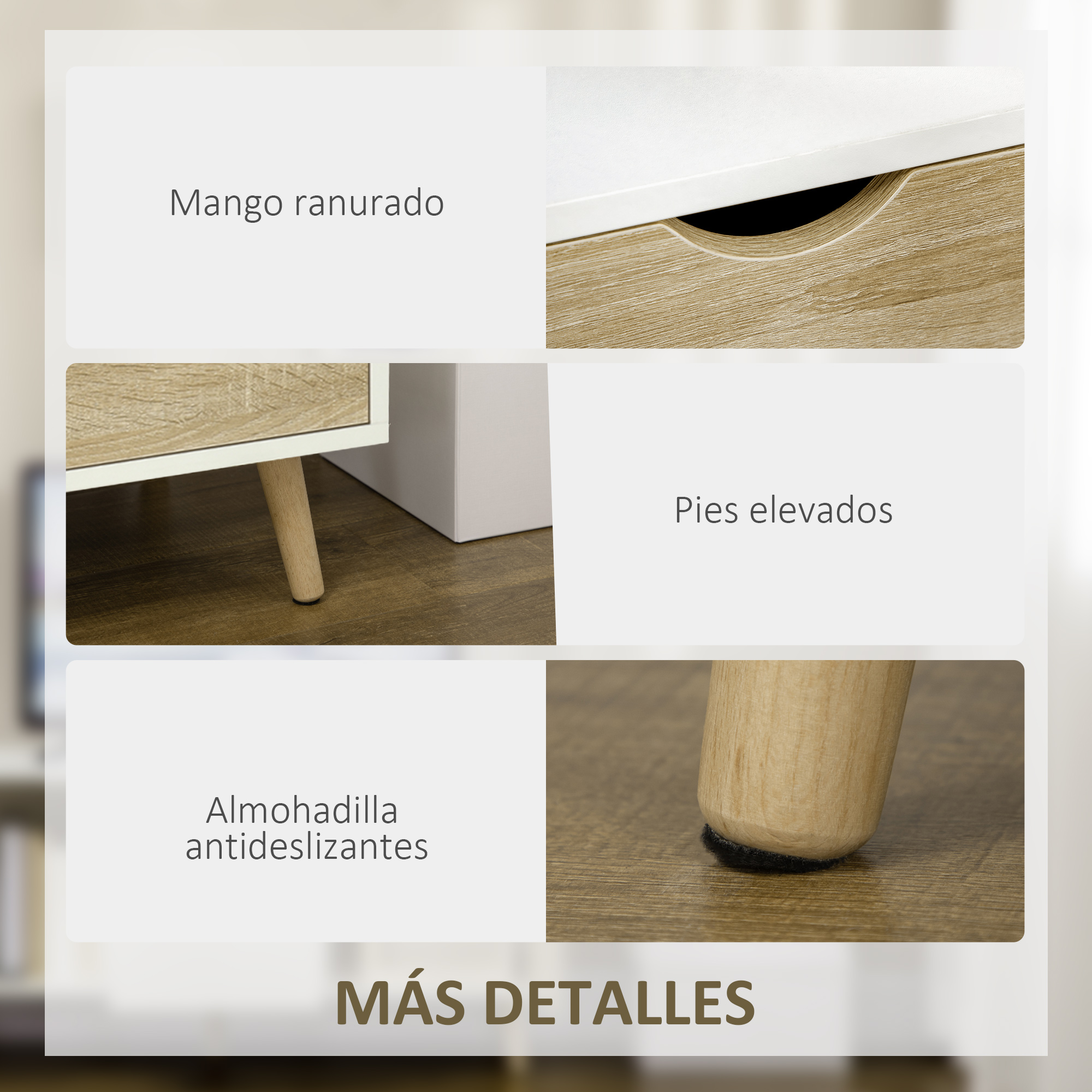 Detalles de mueble: madera de mango acanalada, patas elevadas, almohadillas antideslizantes.