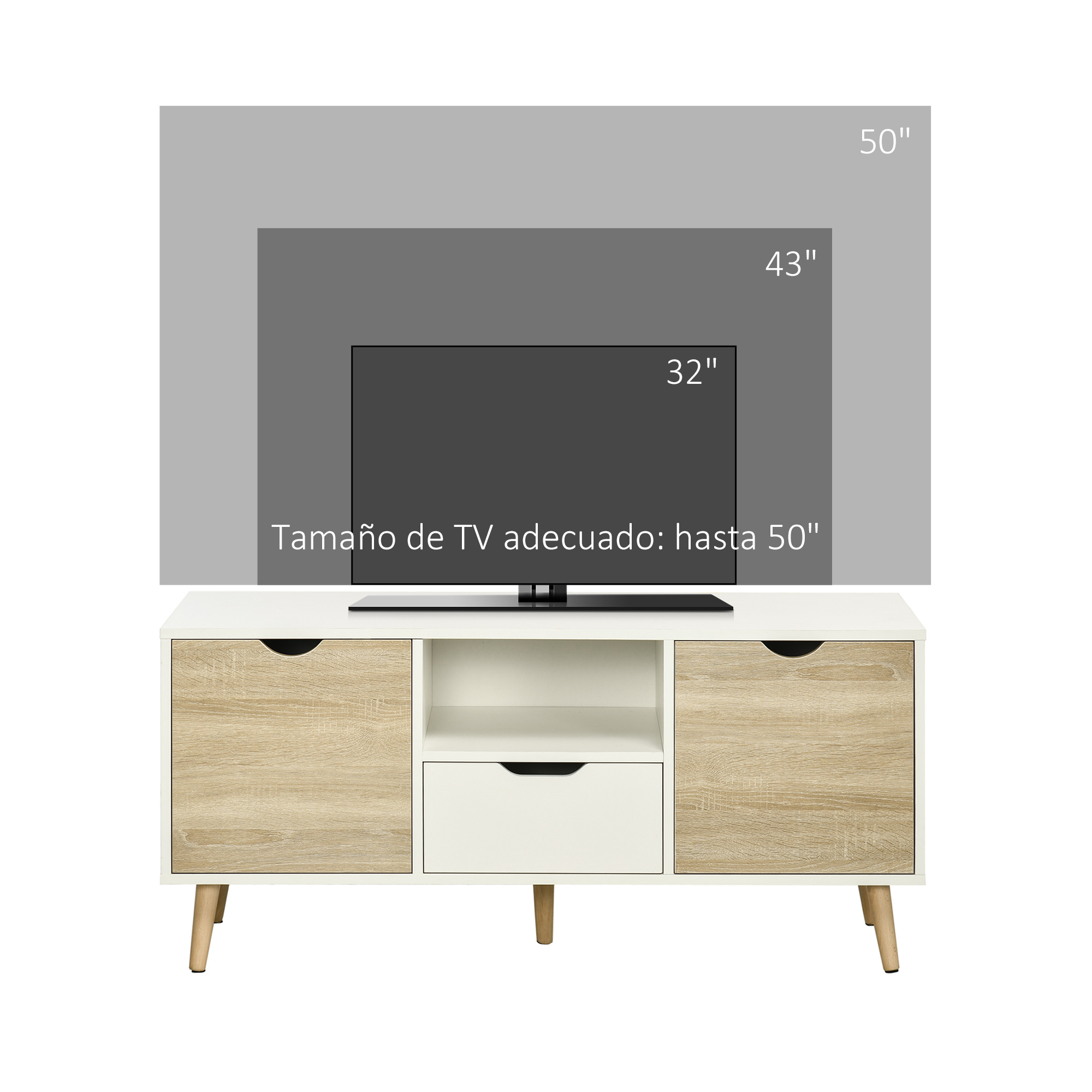 Un mueble de TV blanco con detalles de madera y tres tamaños de TV.