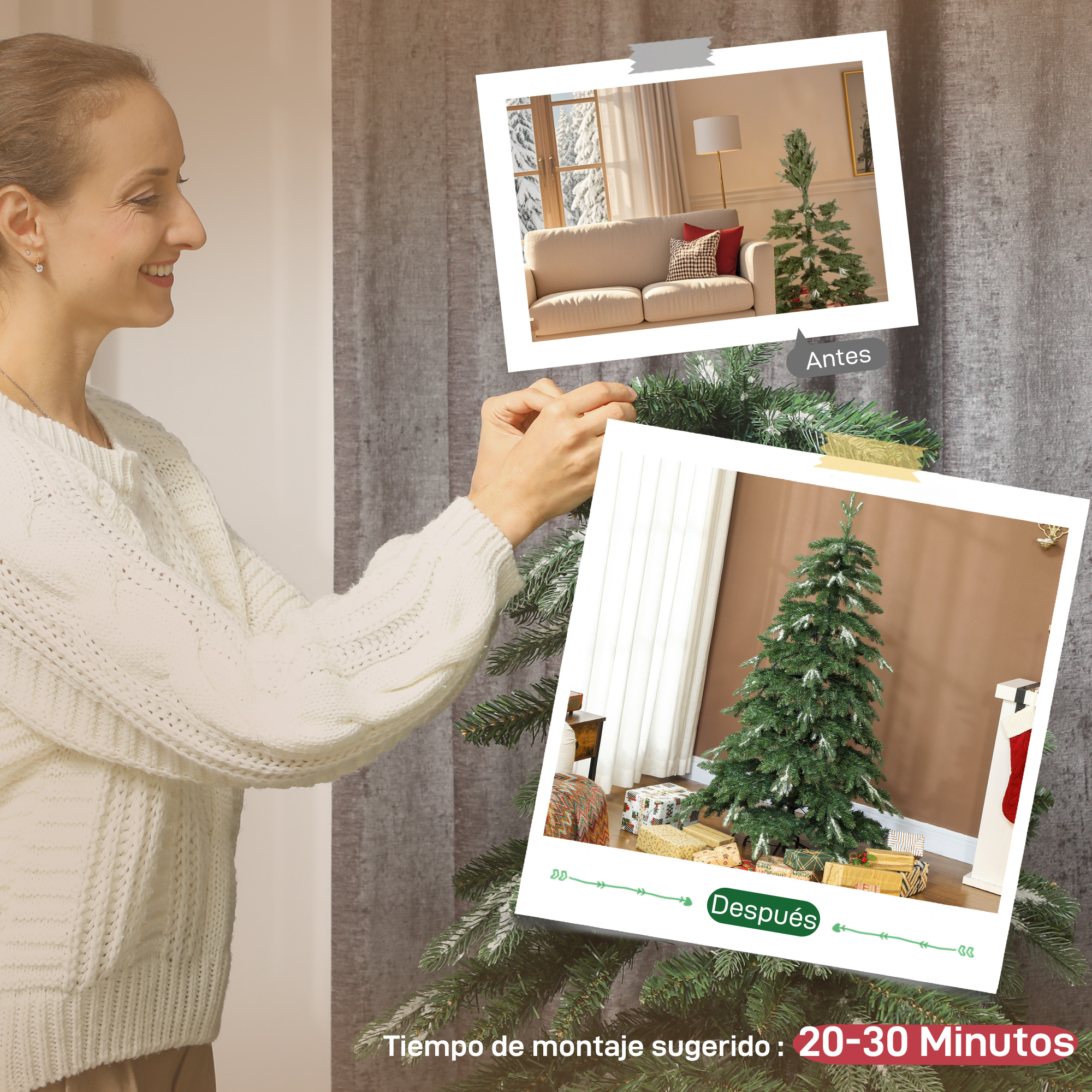 Mujer decora árbol de Navidad con regalos y fotos antes/después. Tiempo montaje: 20-30 min.