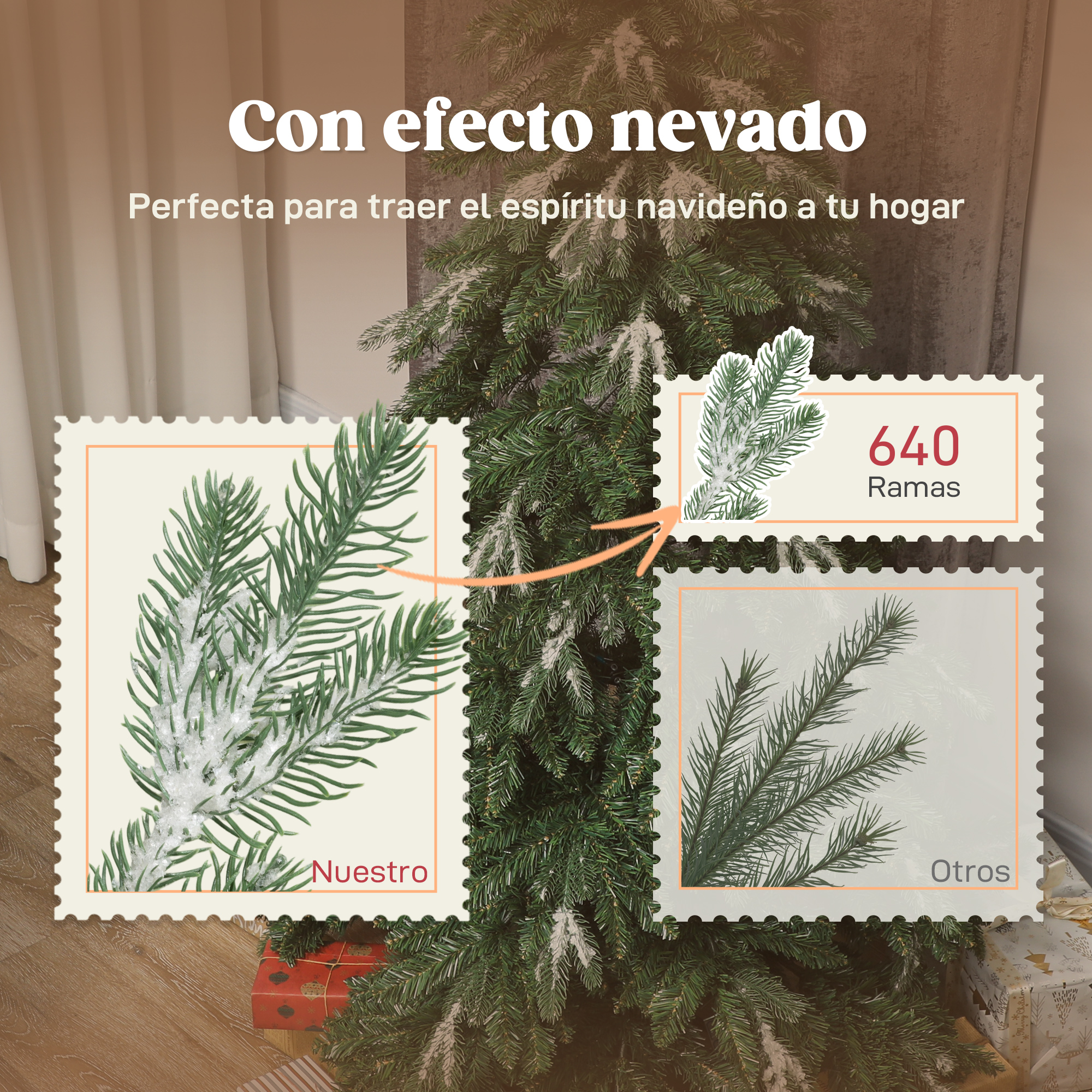 Un árbol de Navidad artificial nevado con tomas comparativas.
