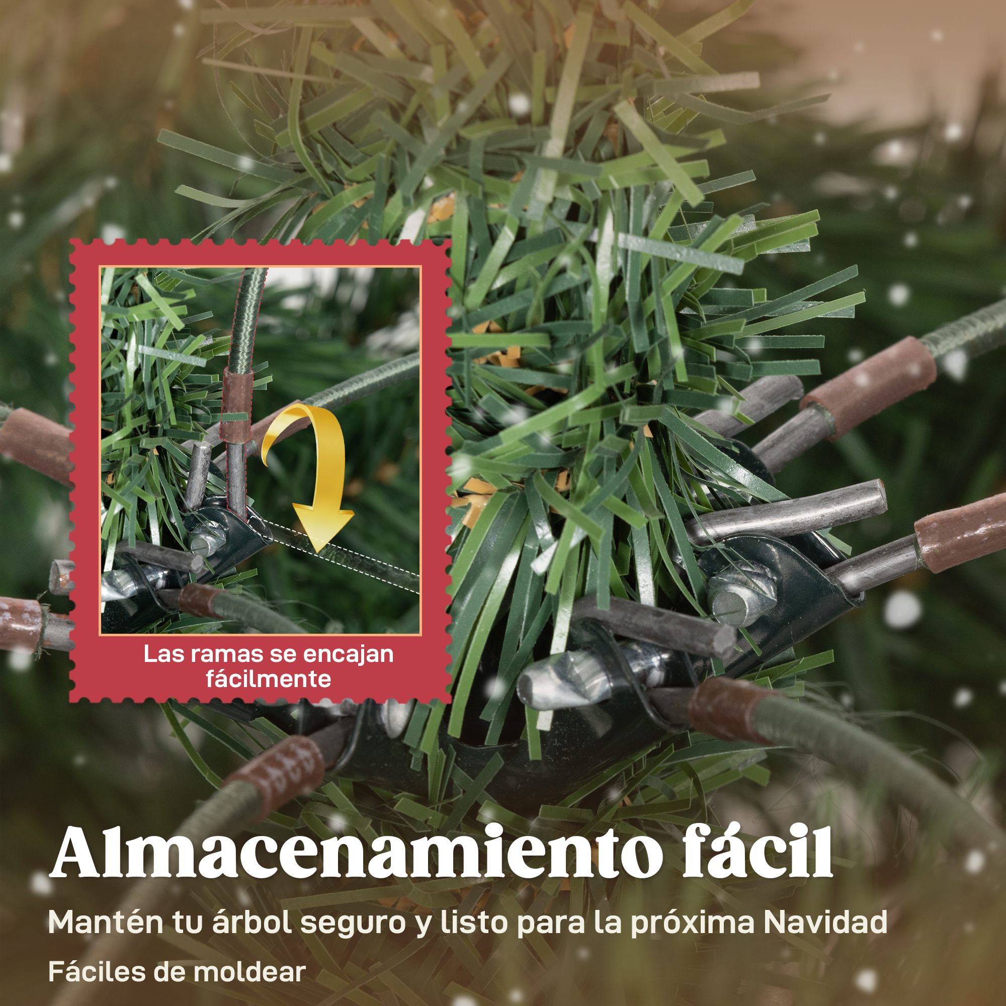 Primer plano de ramas de árbol de Navidad que encajan. Hojas verdes y conectores metálicos.
