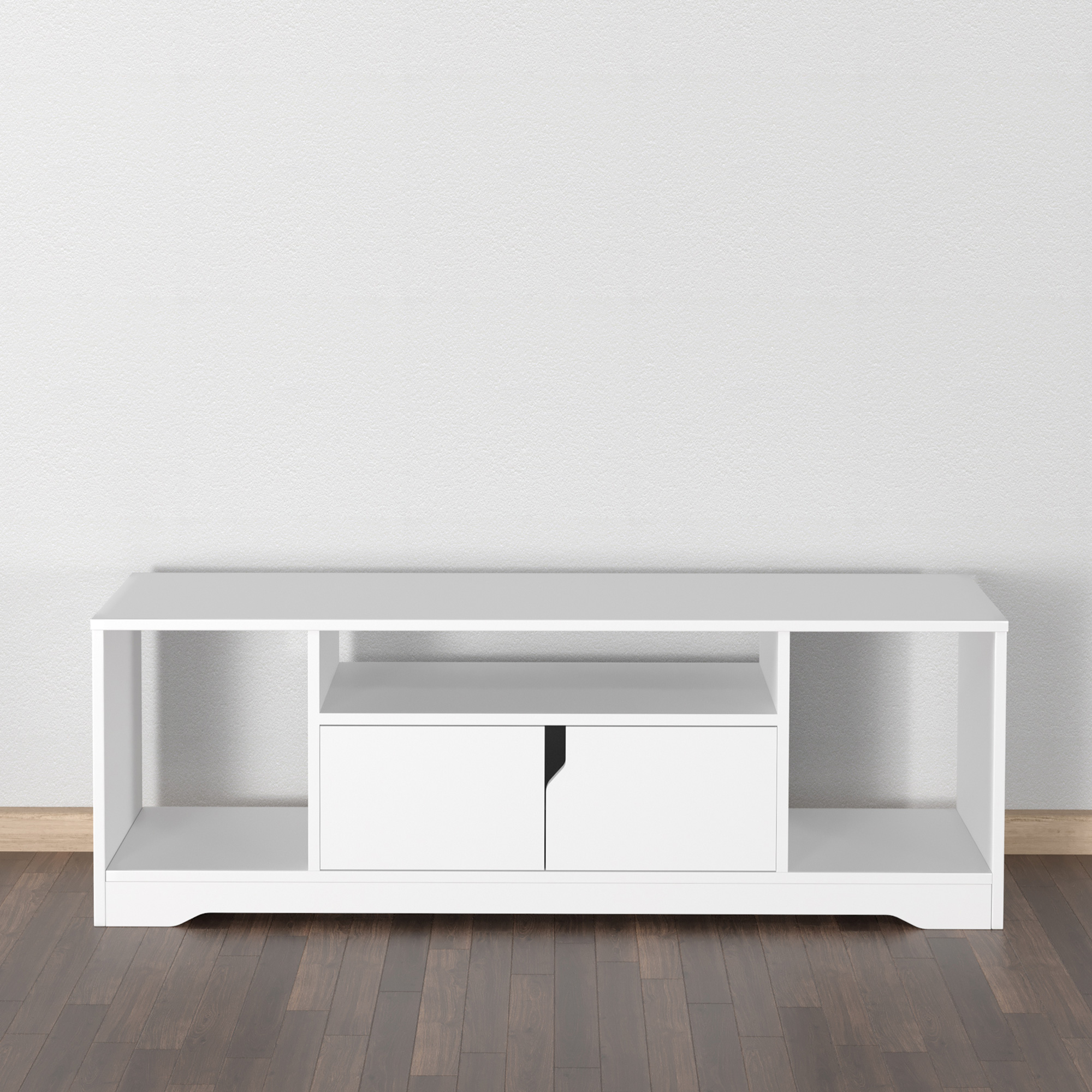 Un mueble de TV blanco con estantes abiertos y dos cajones.
