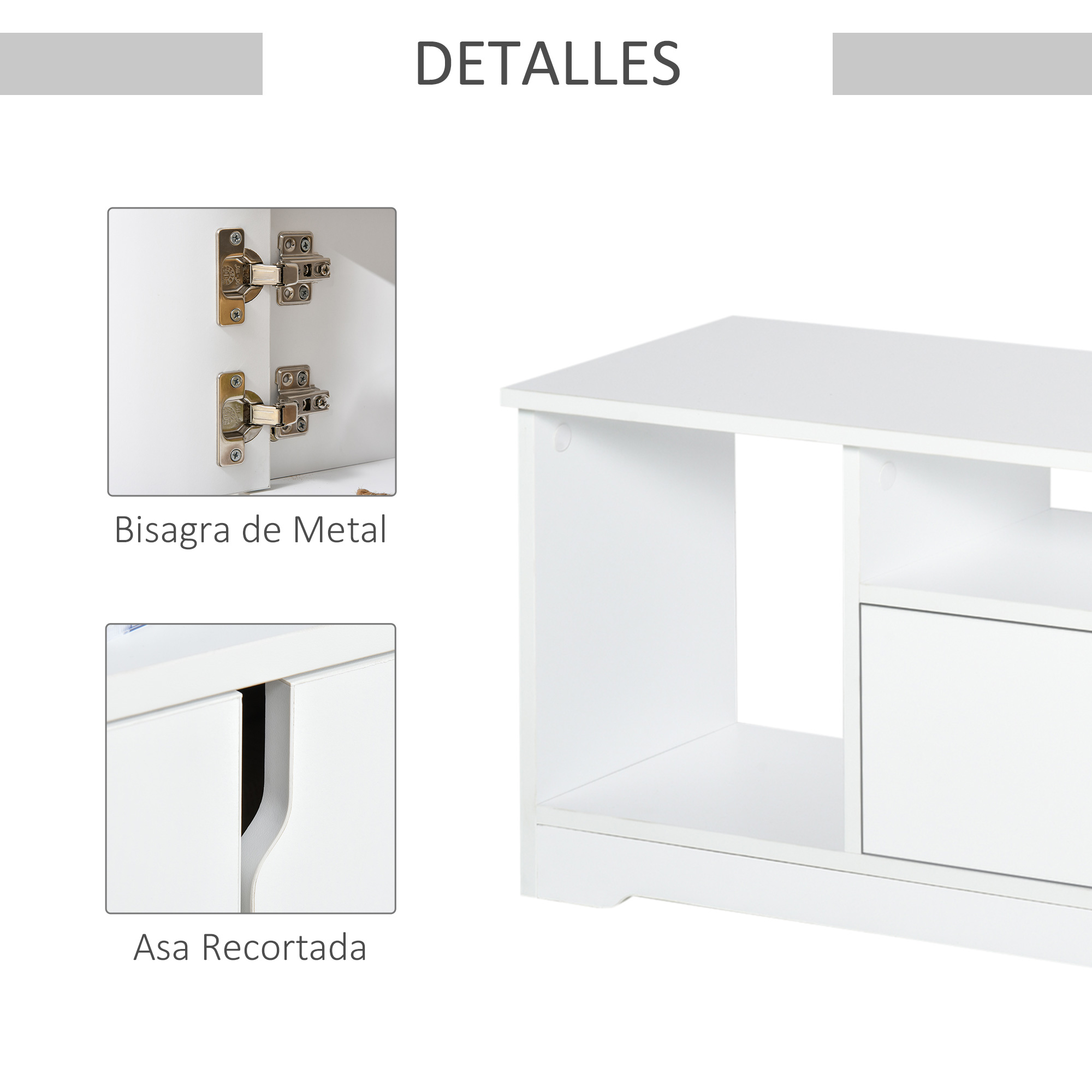 Se muestra un gabinete blanco con bisagras de metal y manija recortada.