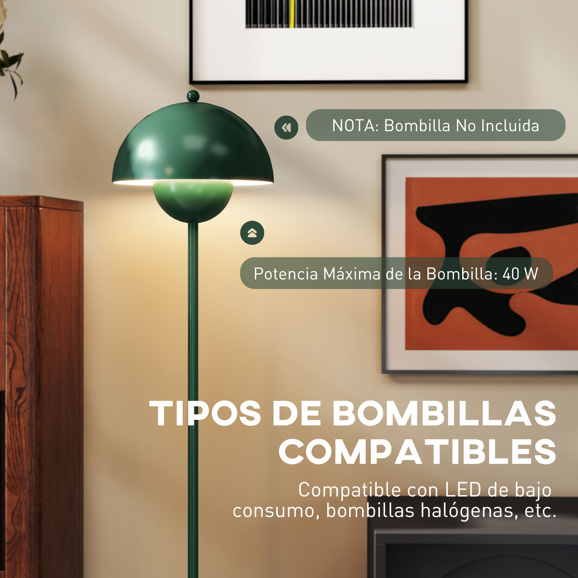 Lámpara de pie verde con pantalla de seta. Bombilla no incluida.