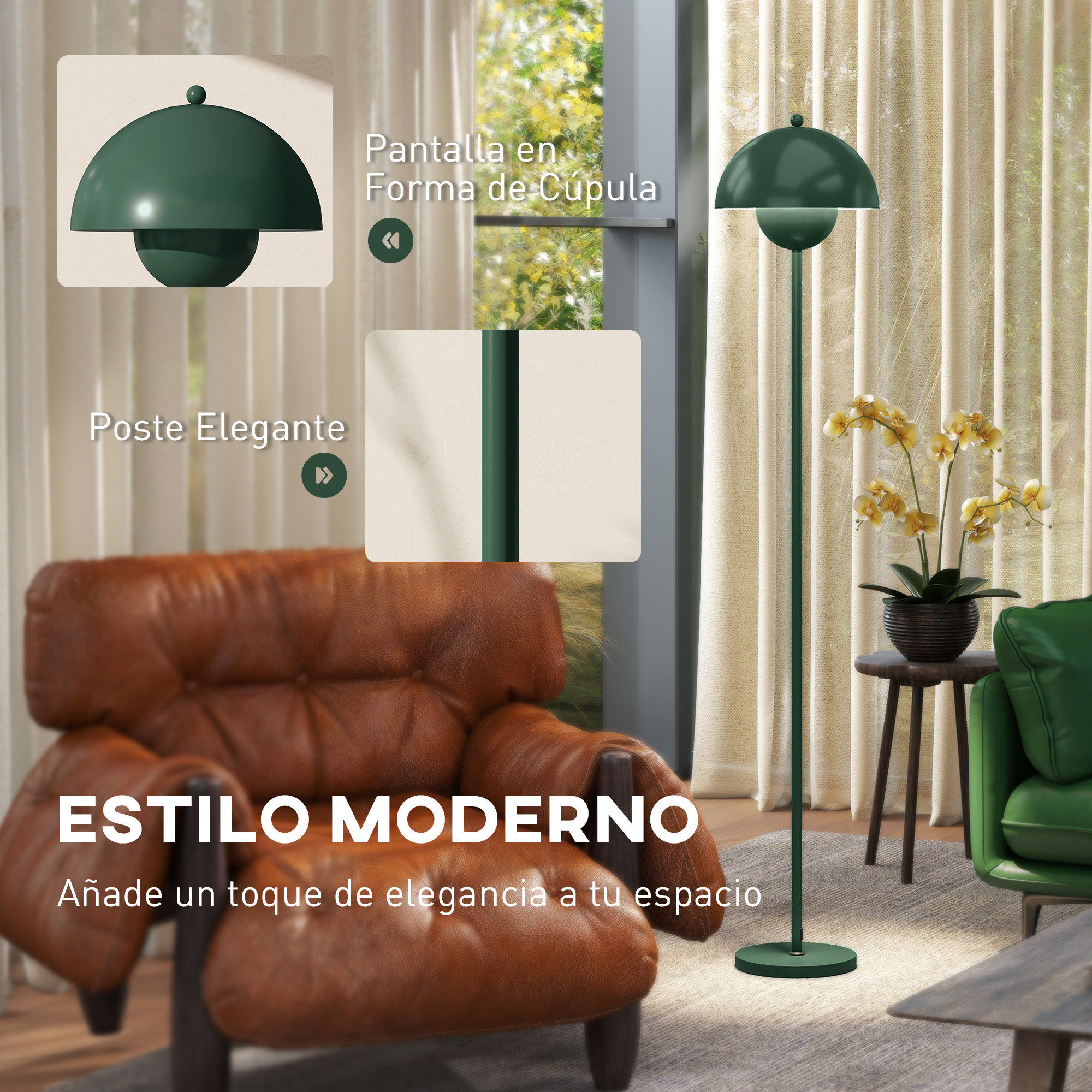 Una lámpara de pie verde con pantalla de cúpula junto a un sillón de cuero marrón.