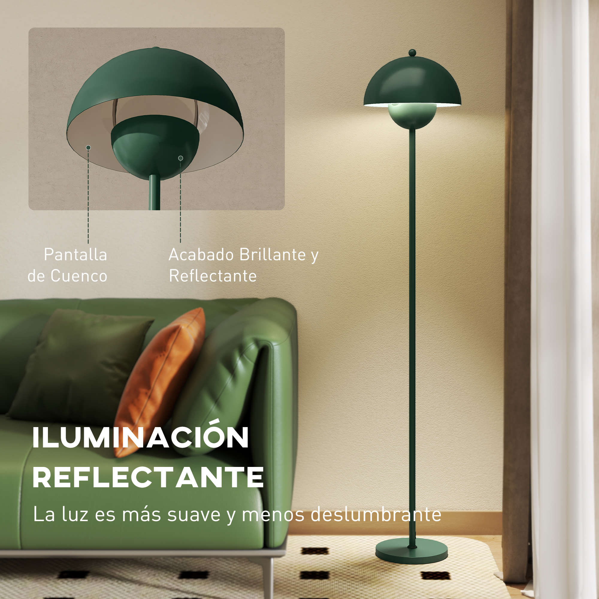 Lámpara de pie verde con pantalla en forma de cuenco junto a un sofá verde.