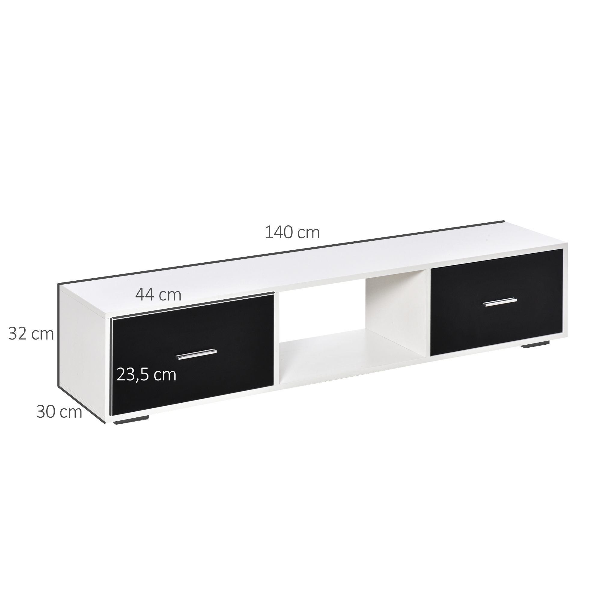 Un mueble de TV blanco con cajones negros, mide 140x30x32 cm.