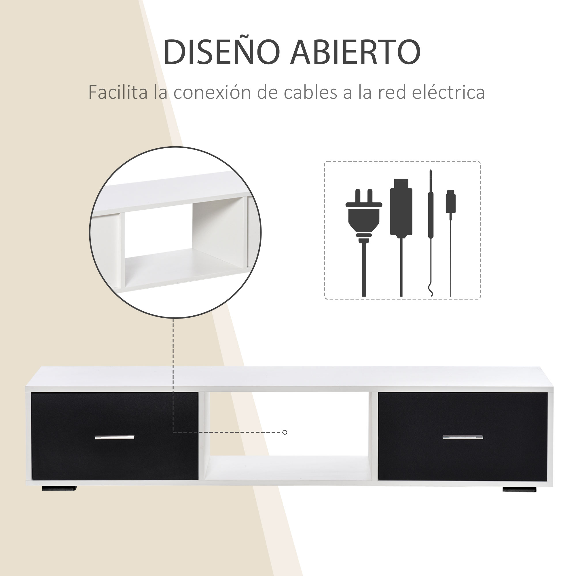 Un mueble de TV blanco con cajones negros y estantes abiertos.