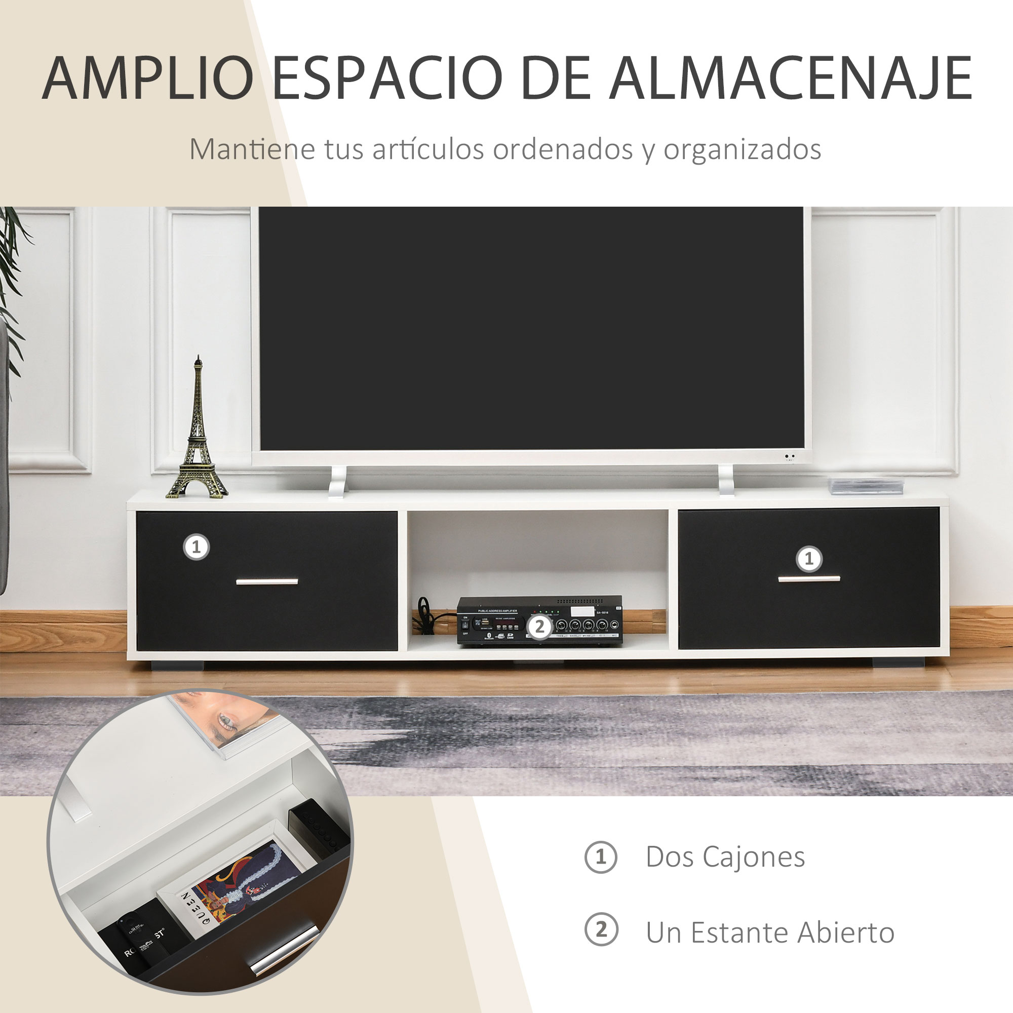 Mueble de TV con cajones y estante abierto, con TV, figura Torre Eiffel y amplificador.