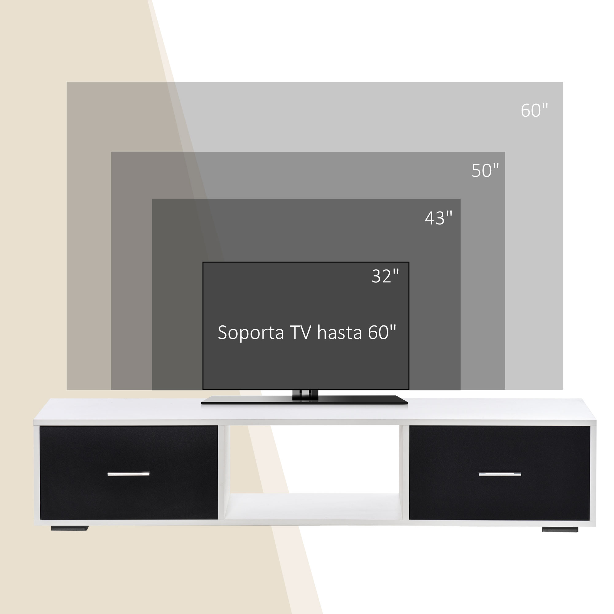 Un mueble de TV blanco con cajones negros bajo un televisor estilizado.