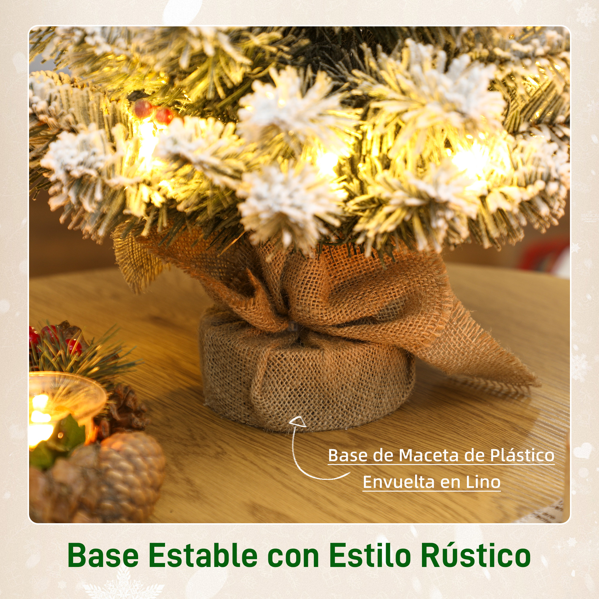 Un árbol de Navidad pequeño con puntas blancas y luces, su base está envuelta en arpillera.