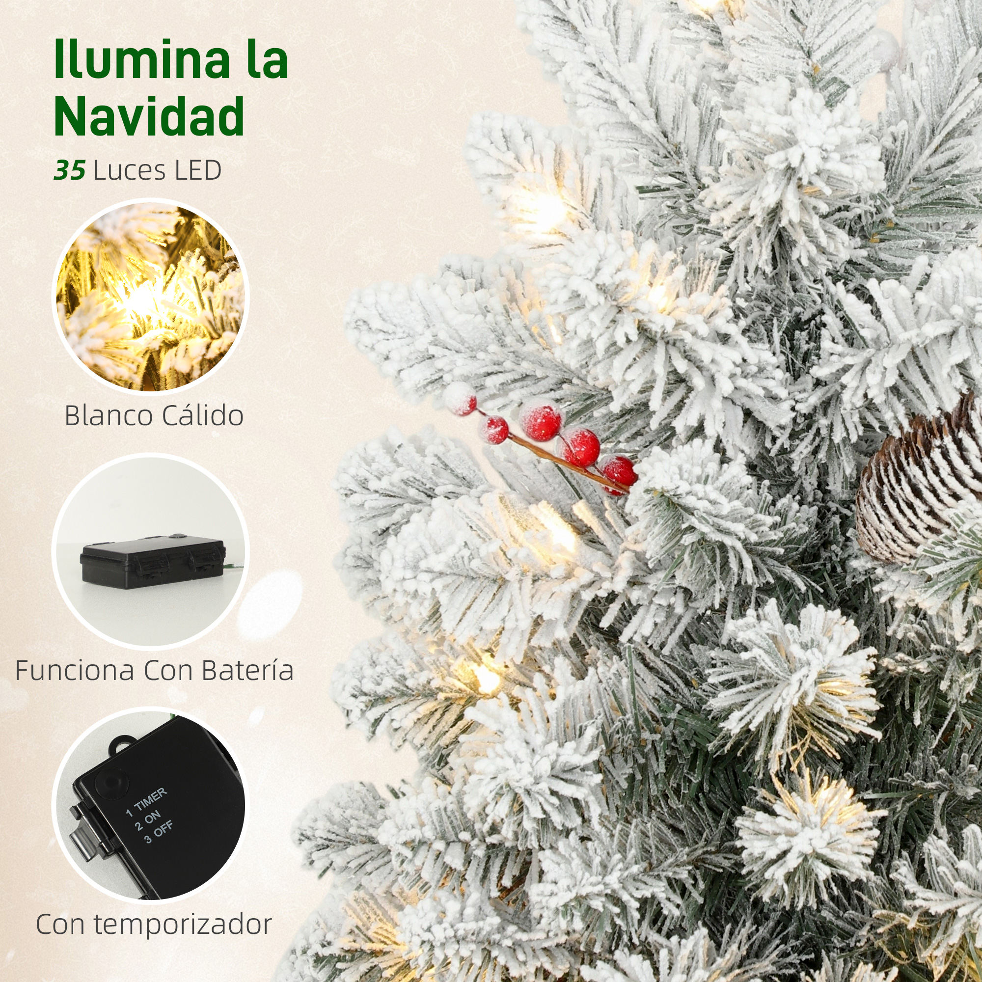 Árbol de Navidad cubierto de nieve con luces LED blancas cálidas.