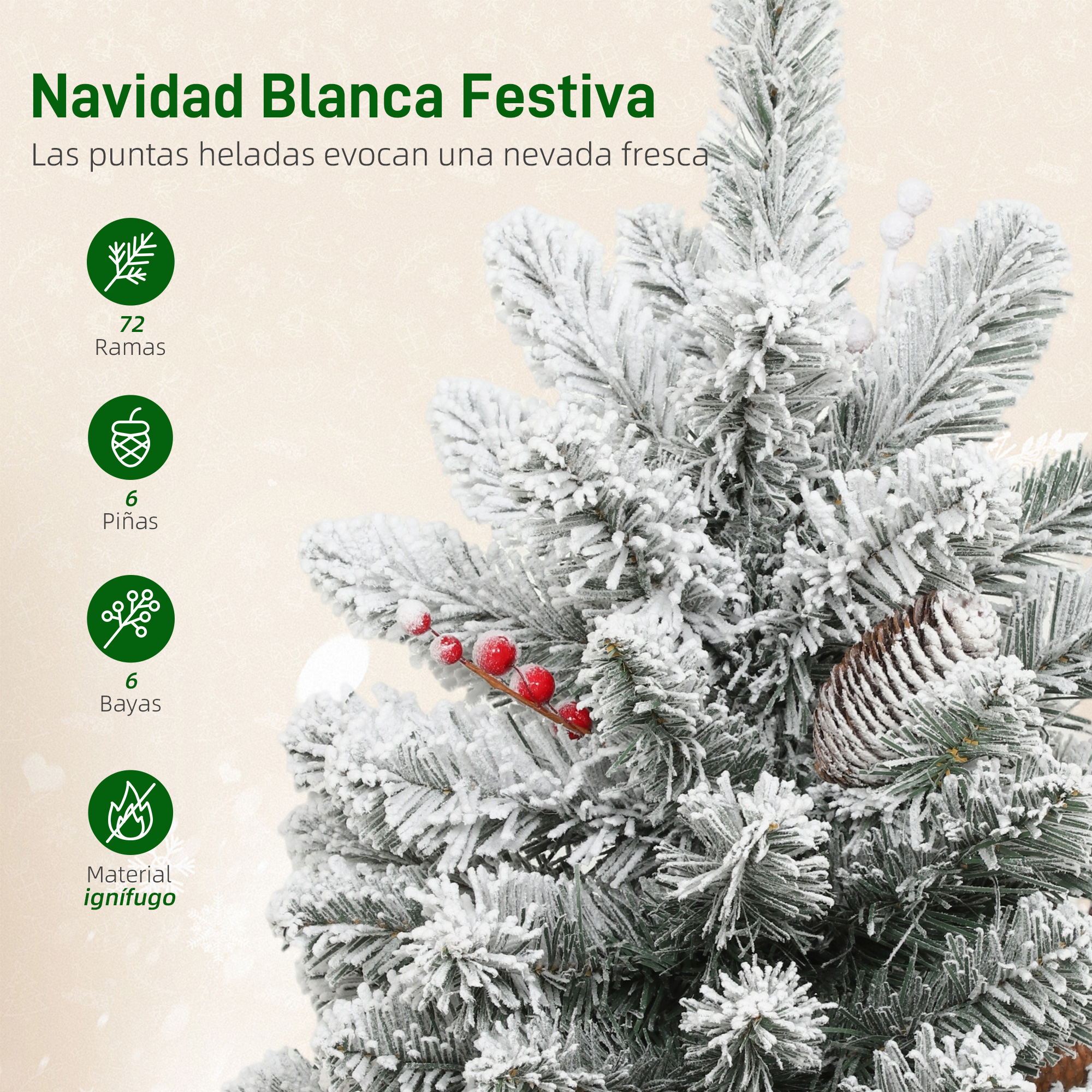 Un árbol de Navidad cubierto de nieve con bayas rojas.