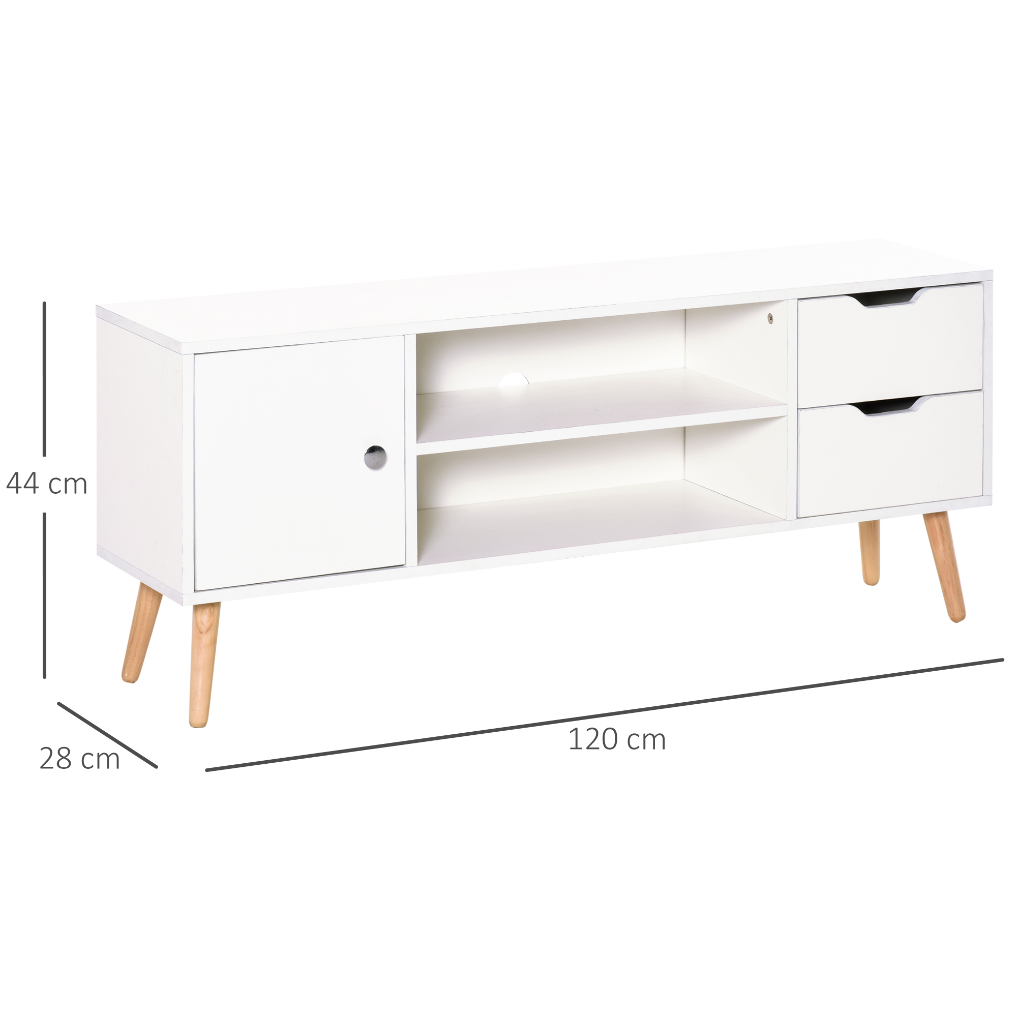 Mueble de TV blanco con dos cajones, un compartimento abierto y una puerta.