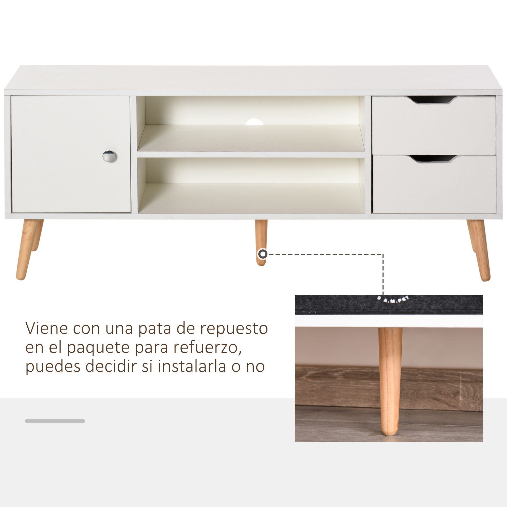 Un mueble de TV blanco con puerta, estantes abiertos, cajones y patas.