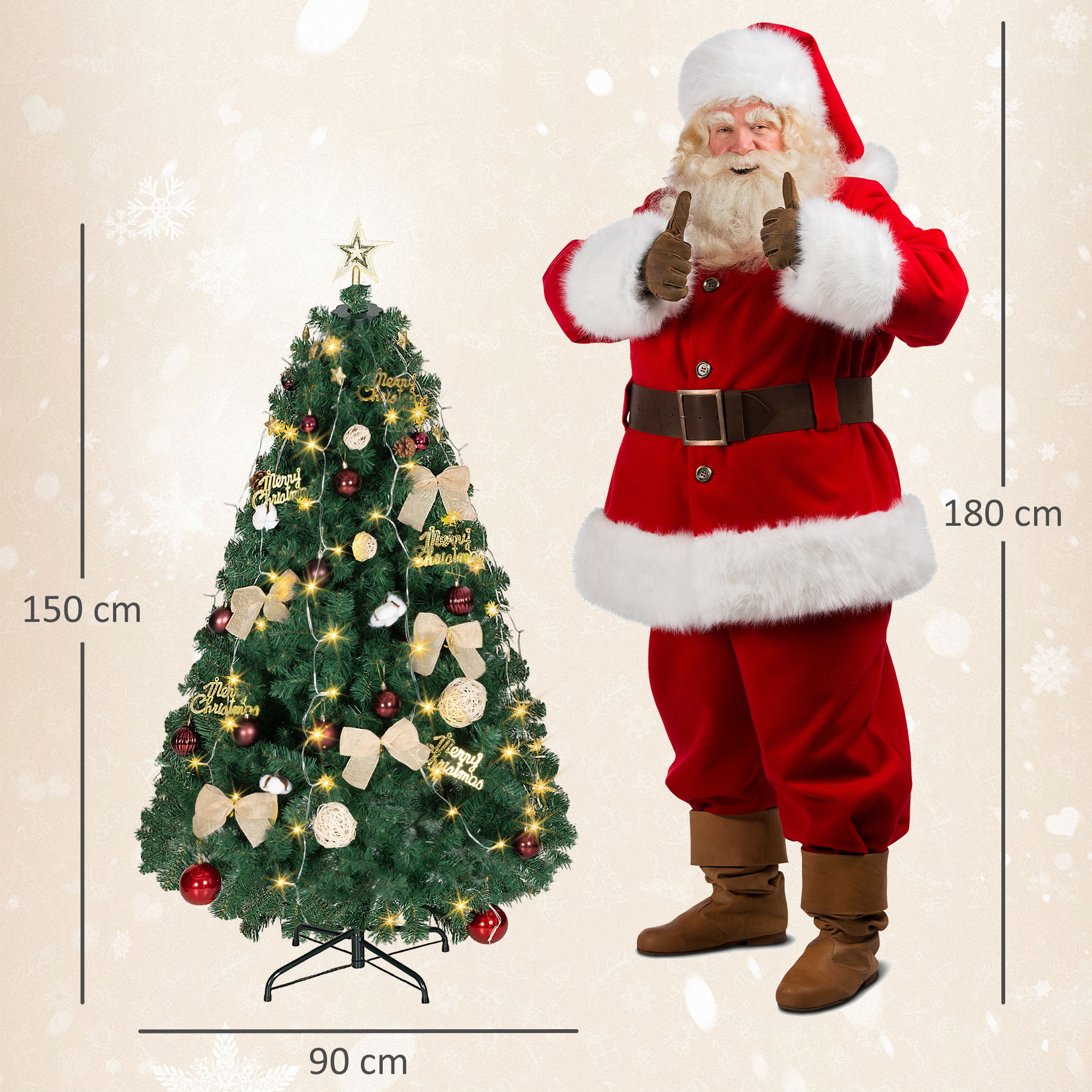 Un árbol de Navidad decorado junto a Papá Noel dando pulgares arriba.