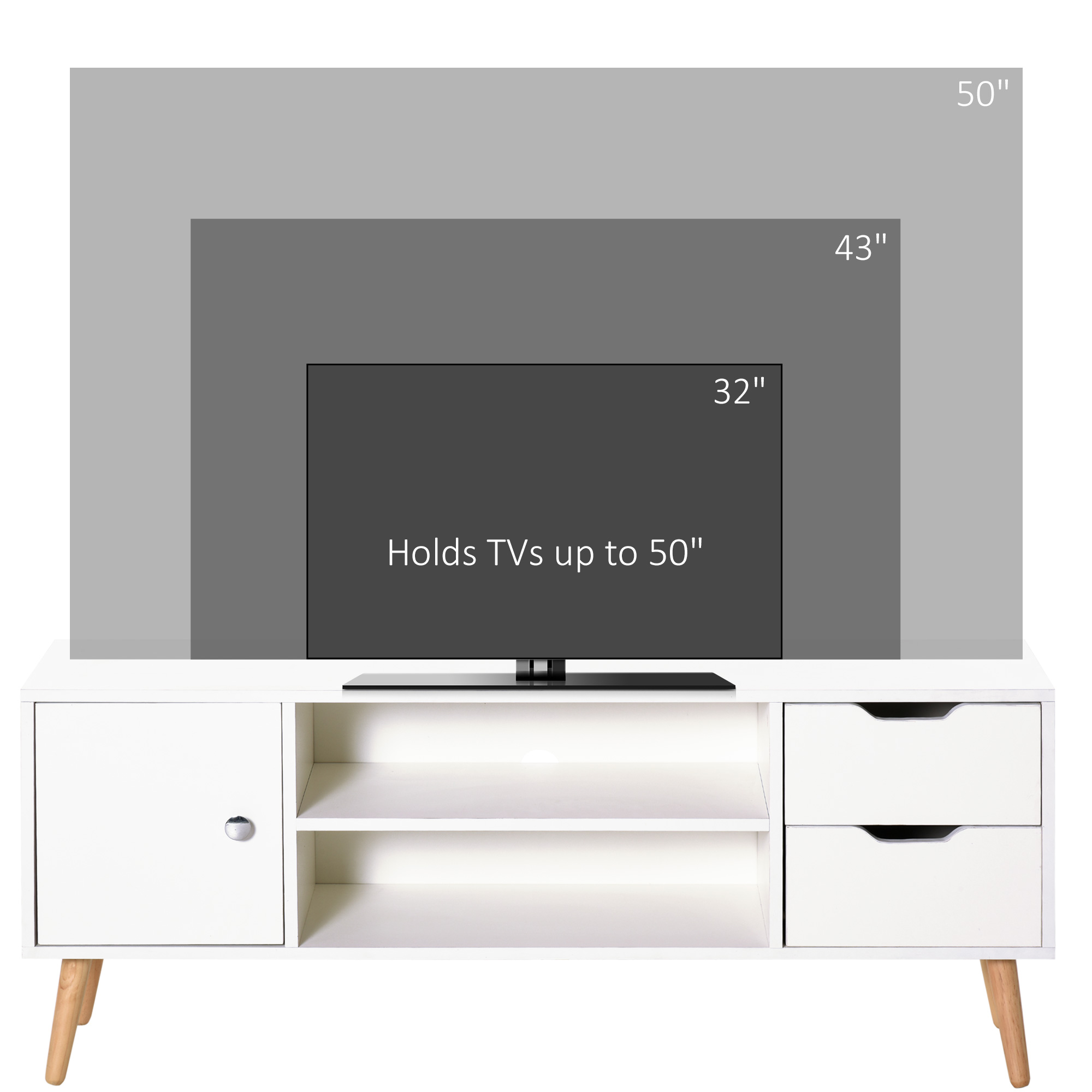 Un mueble blanco para TV con un televisor de 32 pulgadas. Soporta hasta 50 pulgadas.