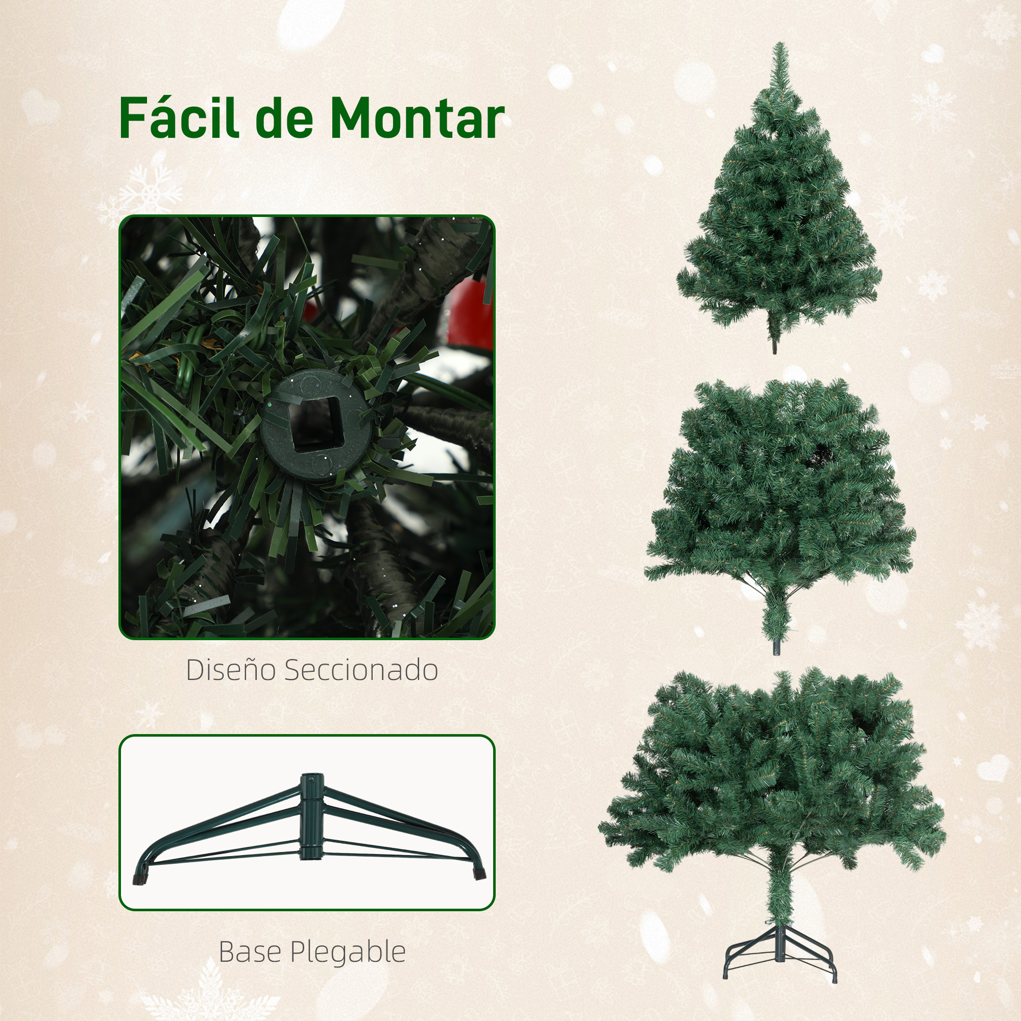 Un árbol de Navidad artificial seccionado con soporte, mostrado en partes.