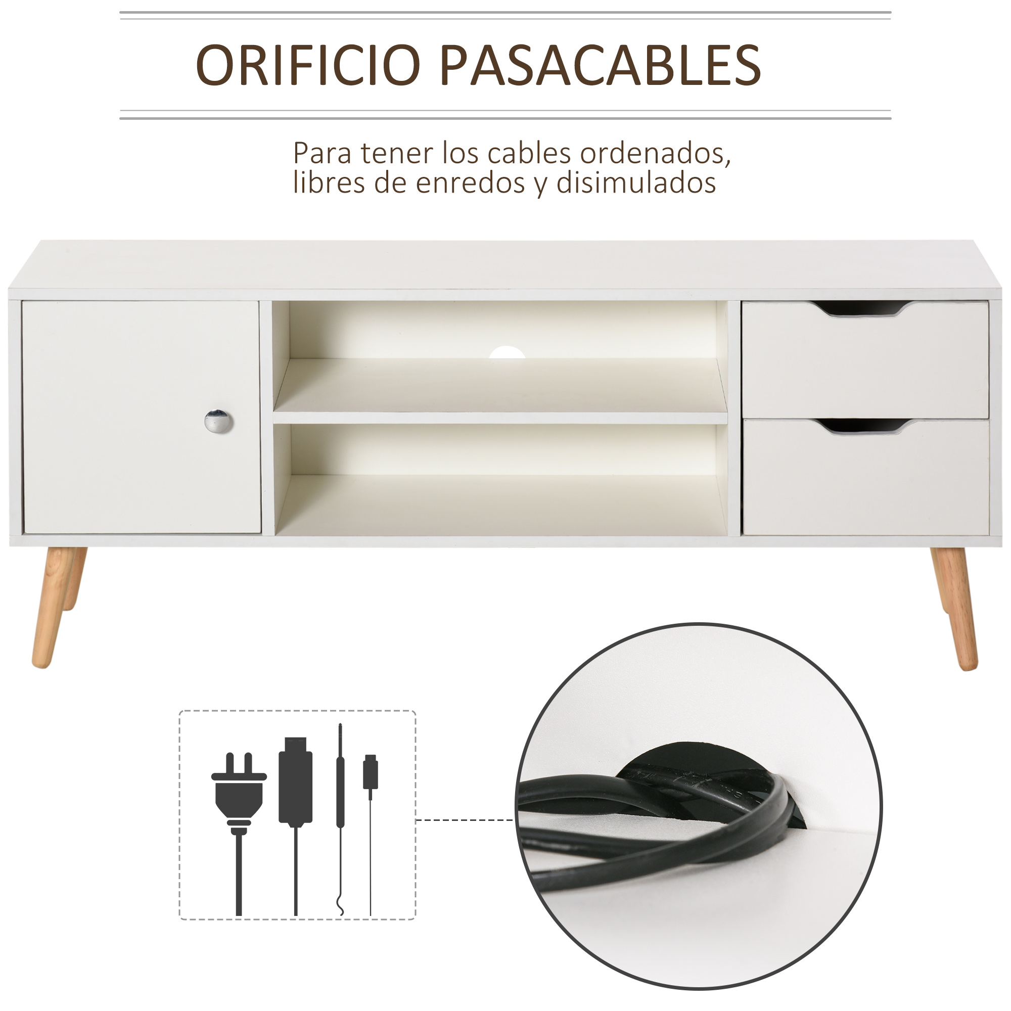 Un mueble de TV blanco con puertas, cajones y gestión de cables.
