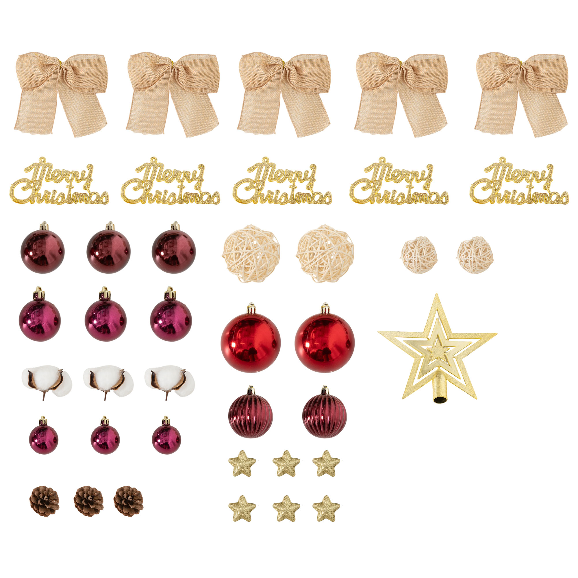 Decoraciones navideñas: lazos, esferas, estrellas, piñas, punta de árbol, algodón, letras.