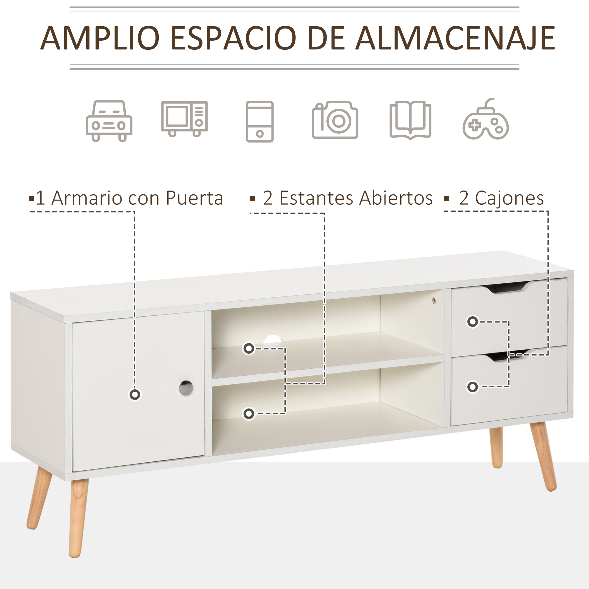 Un mueble de TV blanco con cuatro patas de madera, un armario, estantes abiertos y dos cajones.