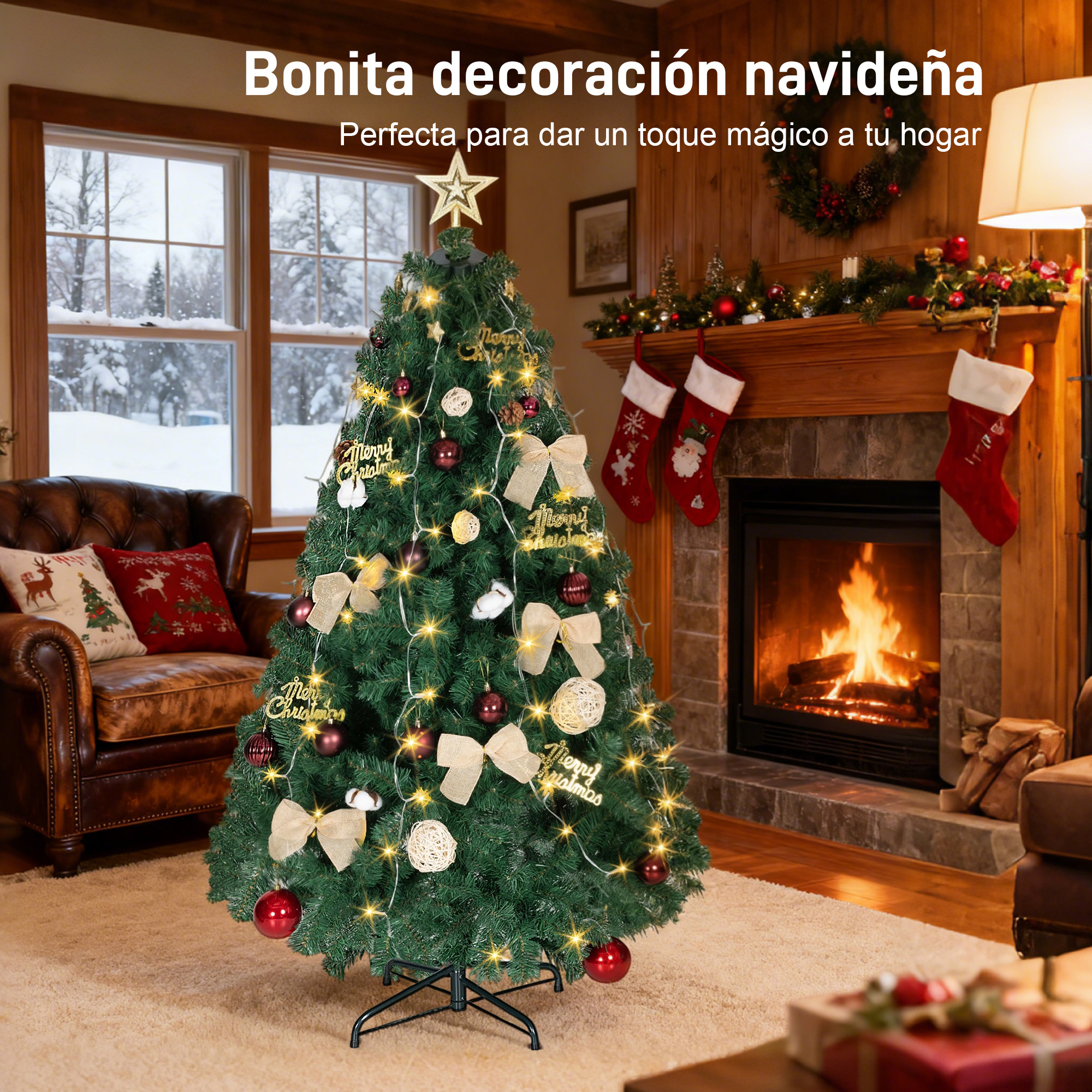 Un árbol de Navidad decorado con luces y adornos junto a una chimenea.