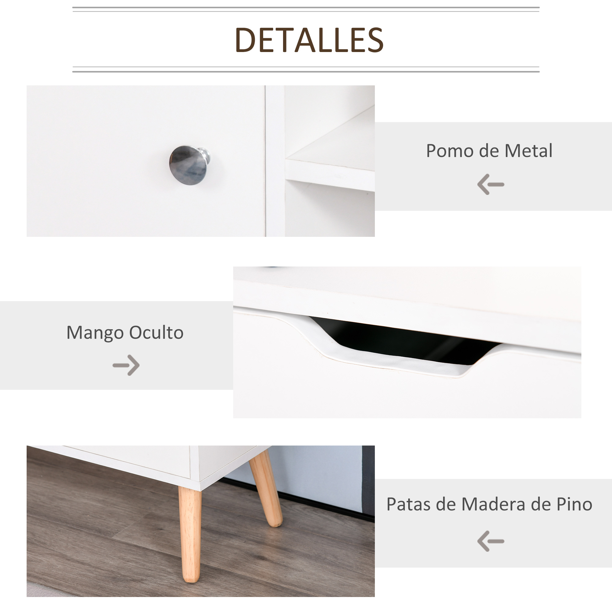 Un mueble blanco con pomo, tirador y patas de madera.