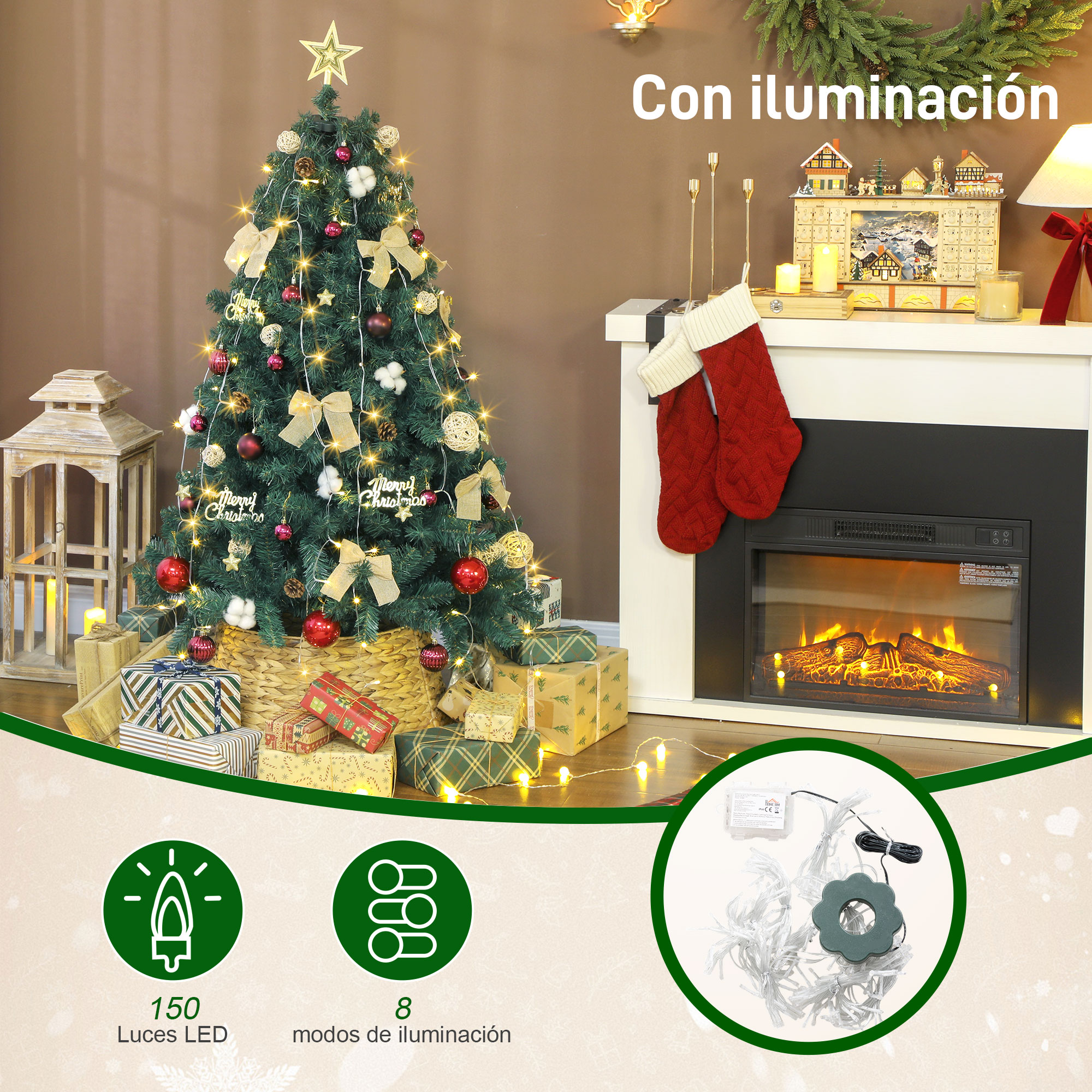Árbol de Navidad decorado con regalos, chimenea y luces. Decoración navideña.