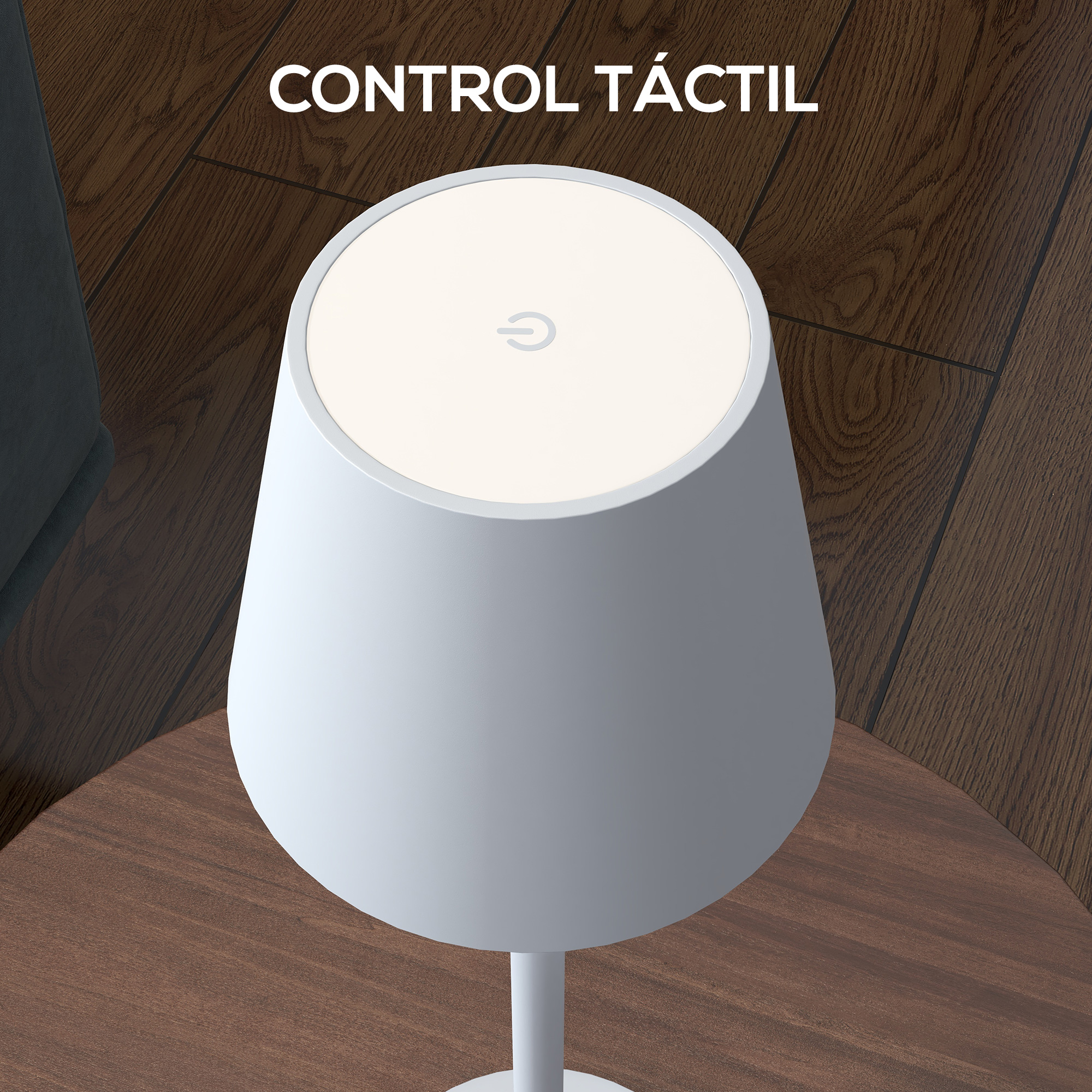 Una lámpara blanca con control táctil sobre una mesa de madera.