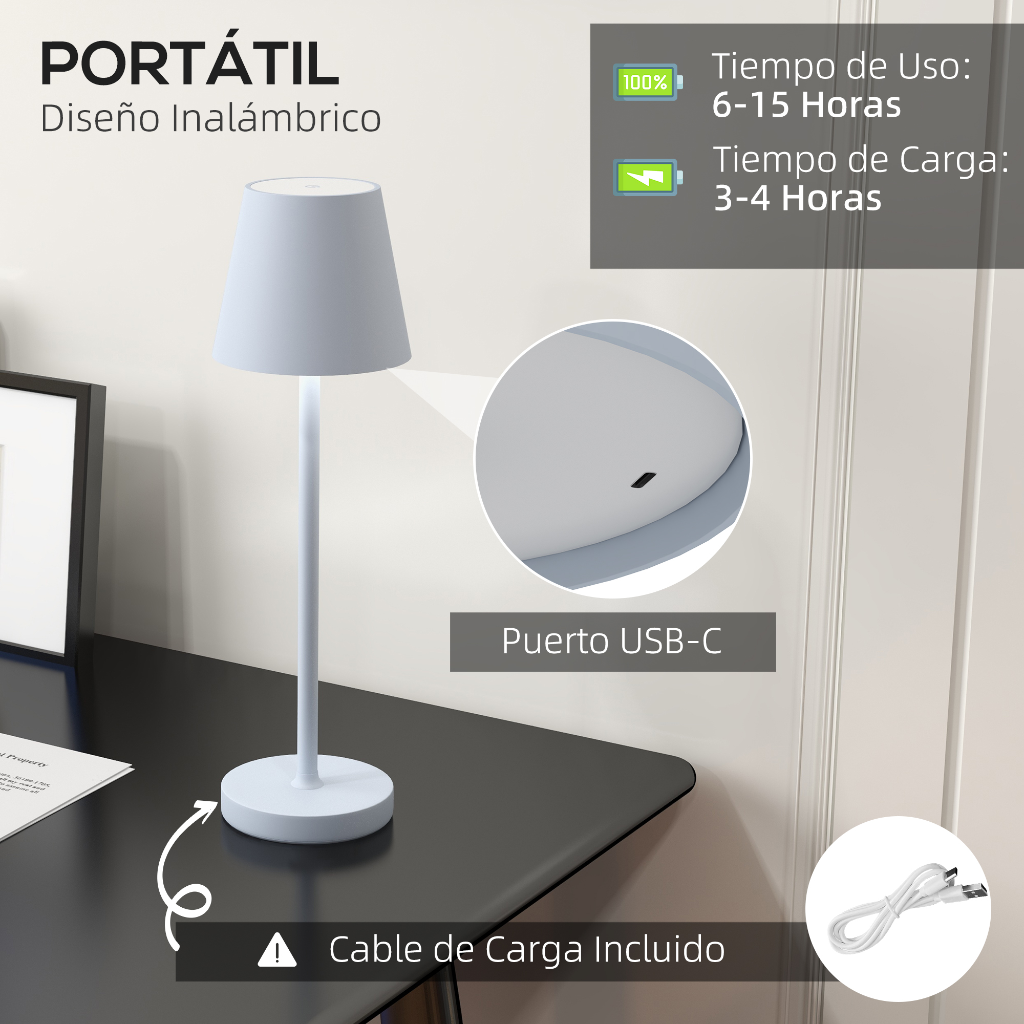 Lámpara portátil USB-C, 6-15h uso, 3-4h carga. Cable incluido.