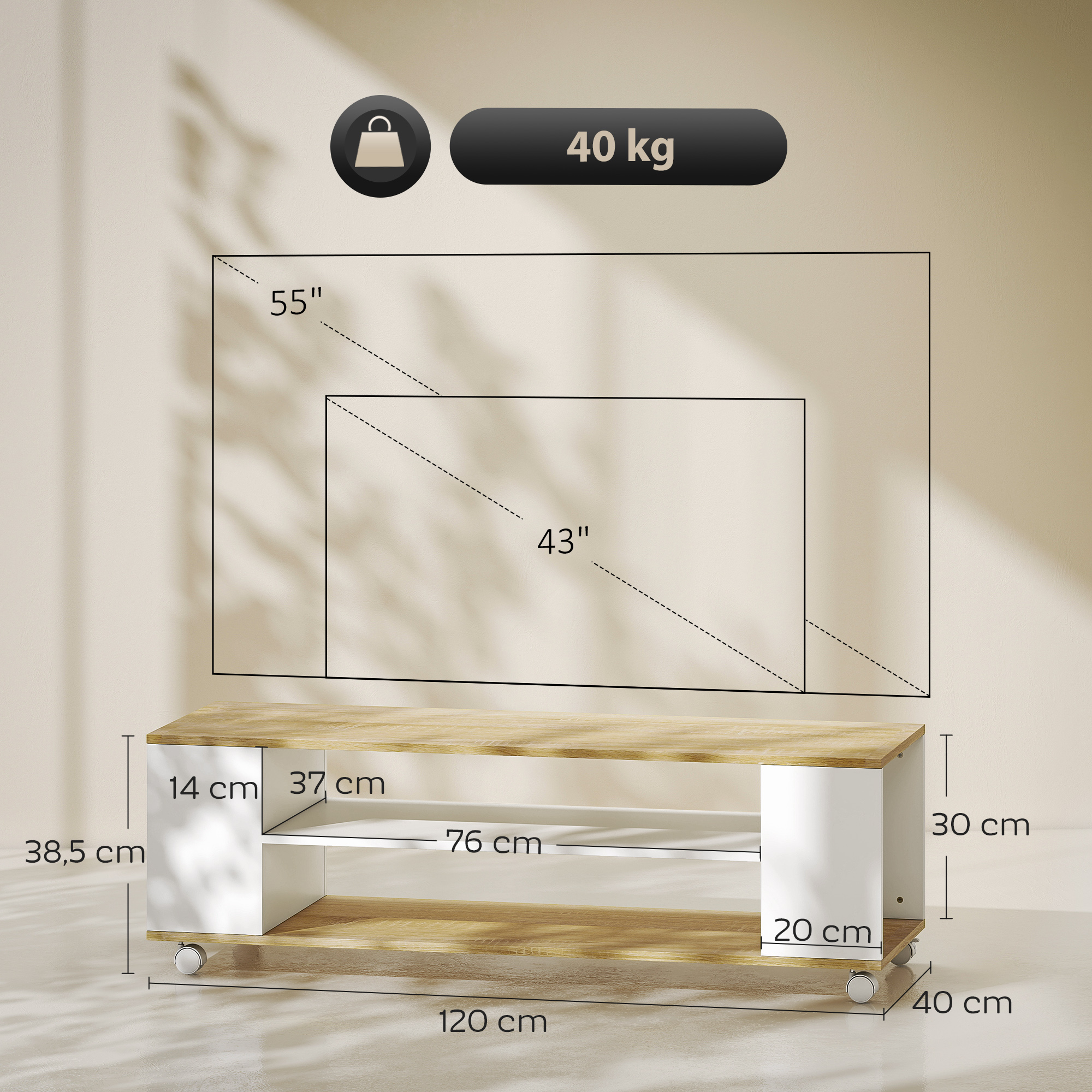 Un mueble de TV con dimensiones y capacidad de peso. Para TVs de 43" y 55".